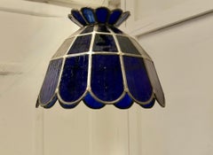 Large Arts and Crafts Cobalt Blue Leaded Glass Pendant Lamp