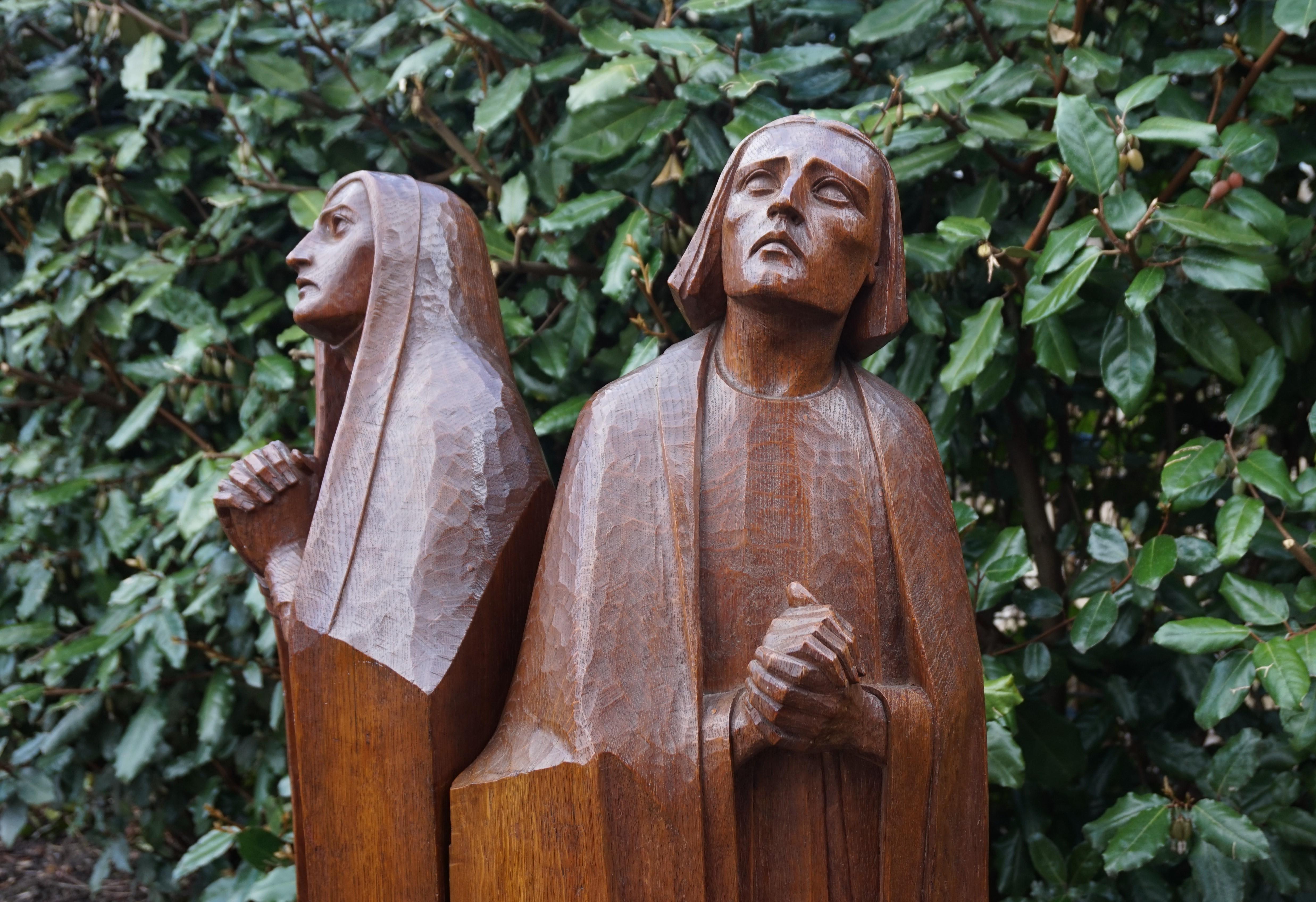 Large Arts & Crafts Hand Carved Mourning Mary and Saint John Church Sculptures 3