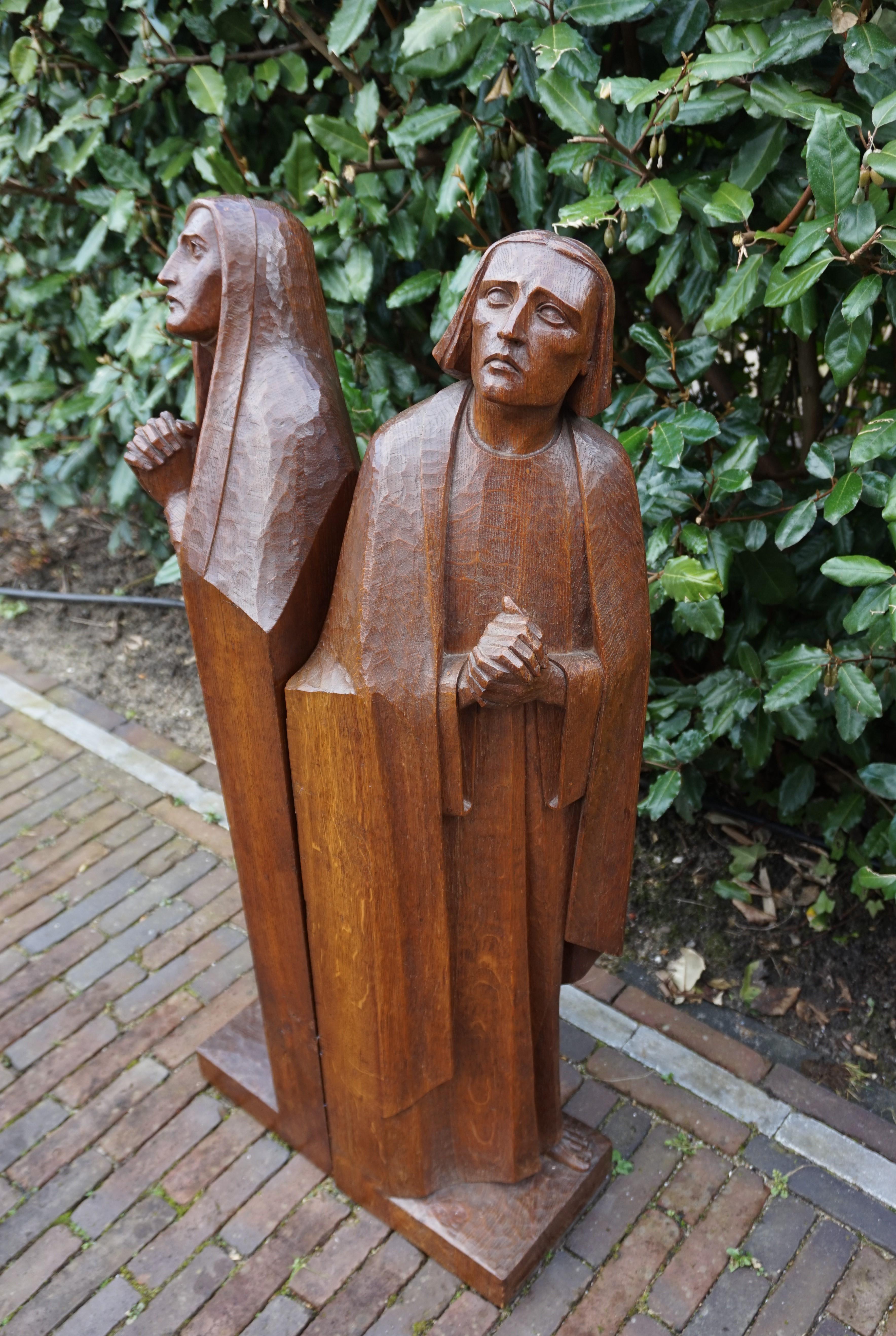 Large Arts & Crafts Hand Carved Mourning Mary and Saint John Church Sculptures 4