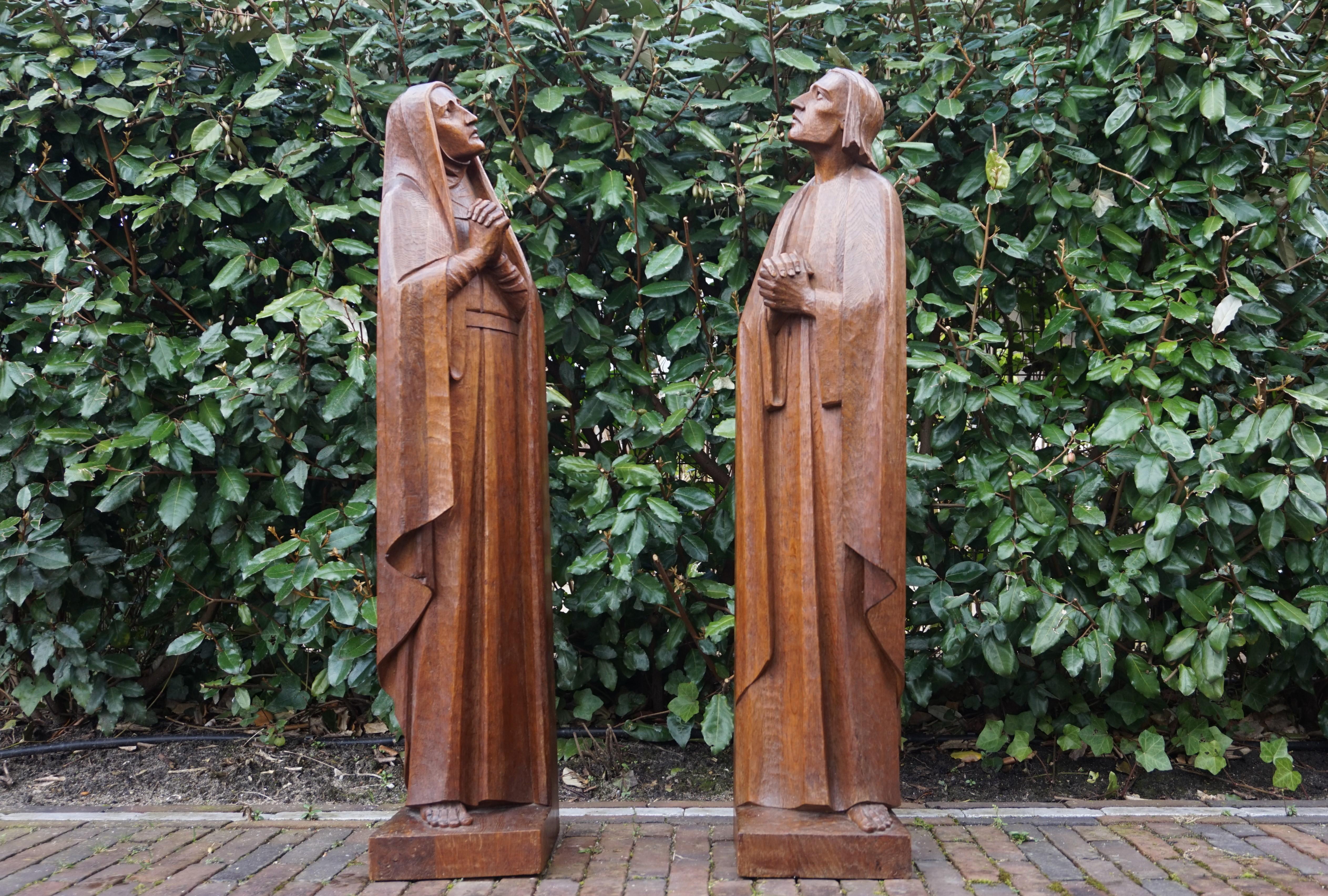 Large Arts & Crafts Hand Carved Mourning Mary and Saint John Church Sculptures 5