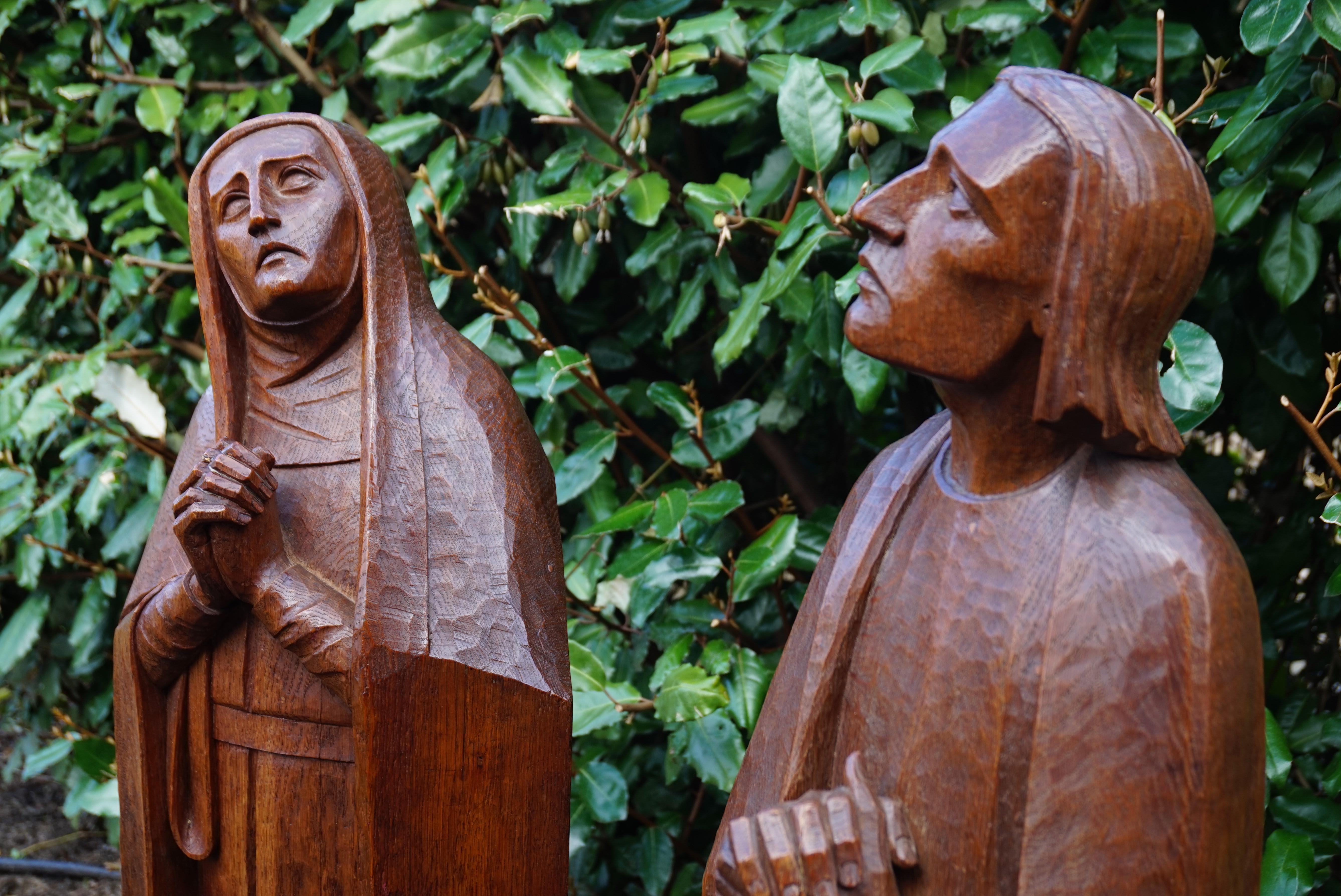 Arts and Crafts Large Arts & Crafts Hand Carved Mourning Mary and Saint John Church Sculptures