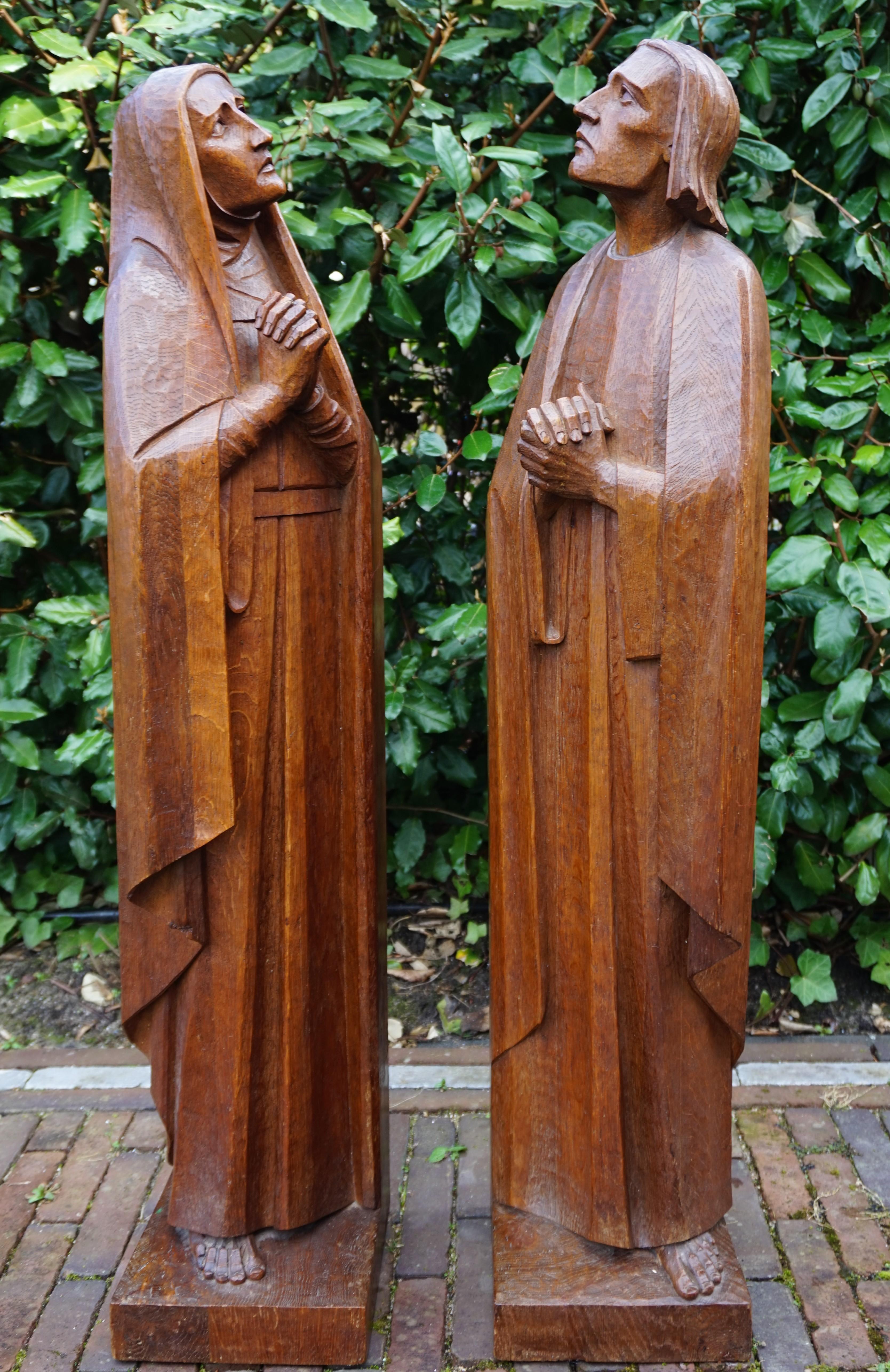 European Large Arts & Crafts Hand Carved Mourning Mary and Saint John Church Sculptures