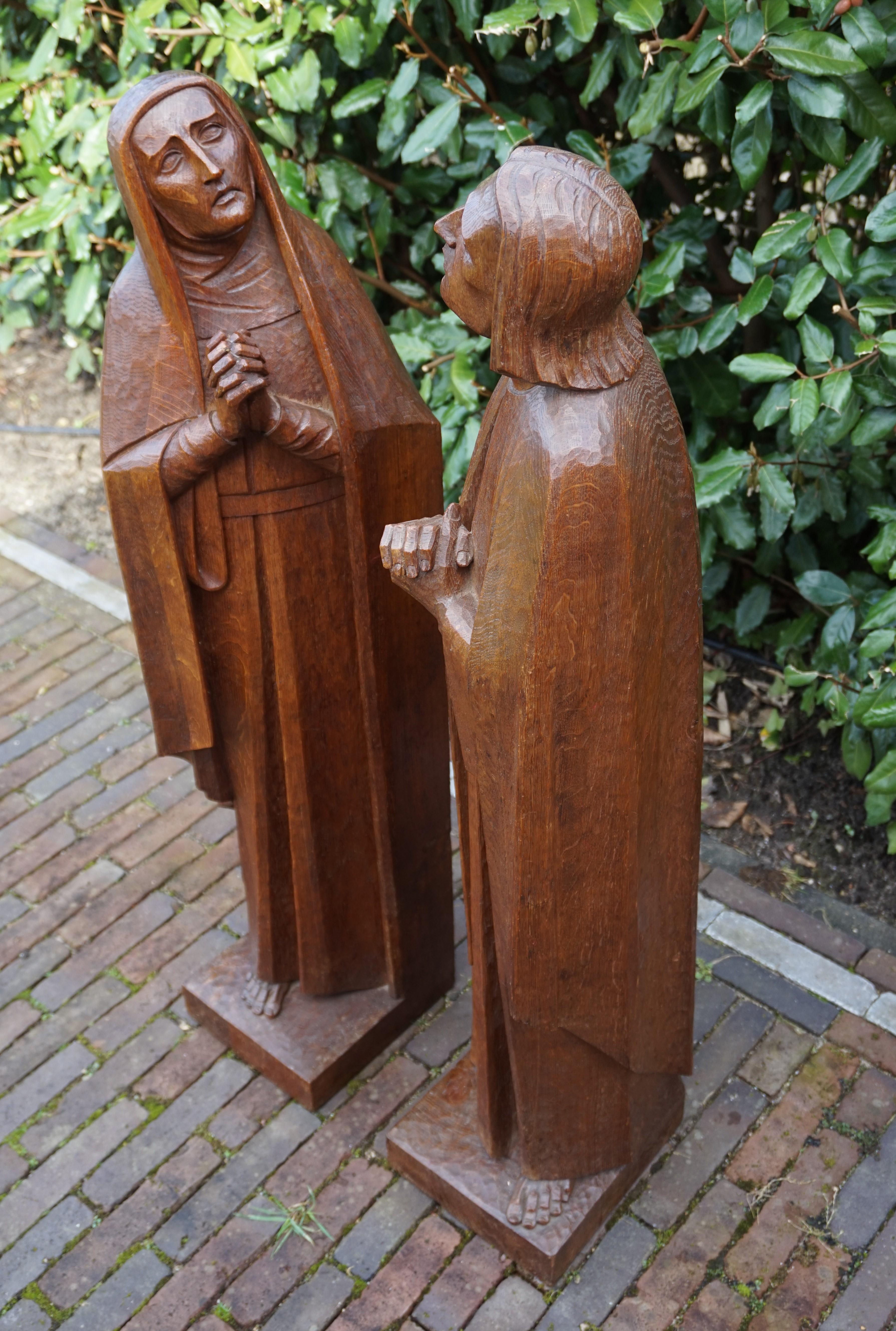 20th Century Large Arts & Crafts Hand Carved Mourning Mary and Saint John Church Sculptures