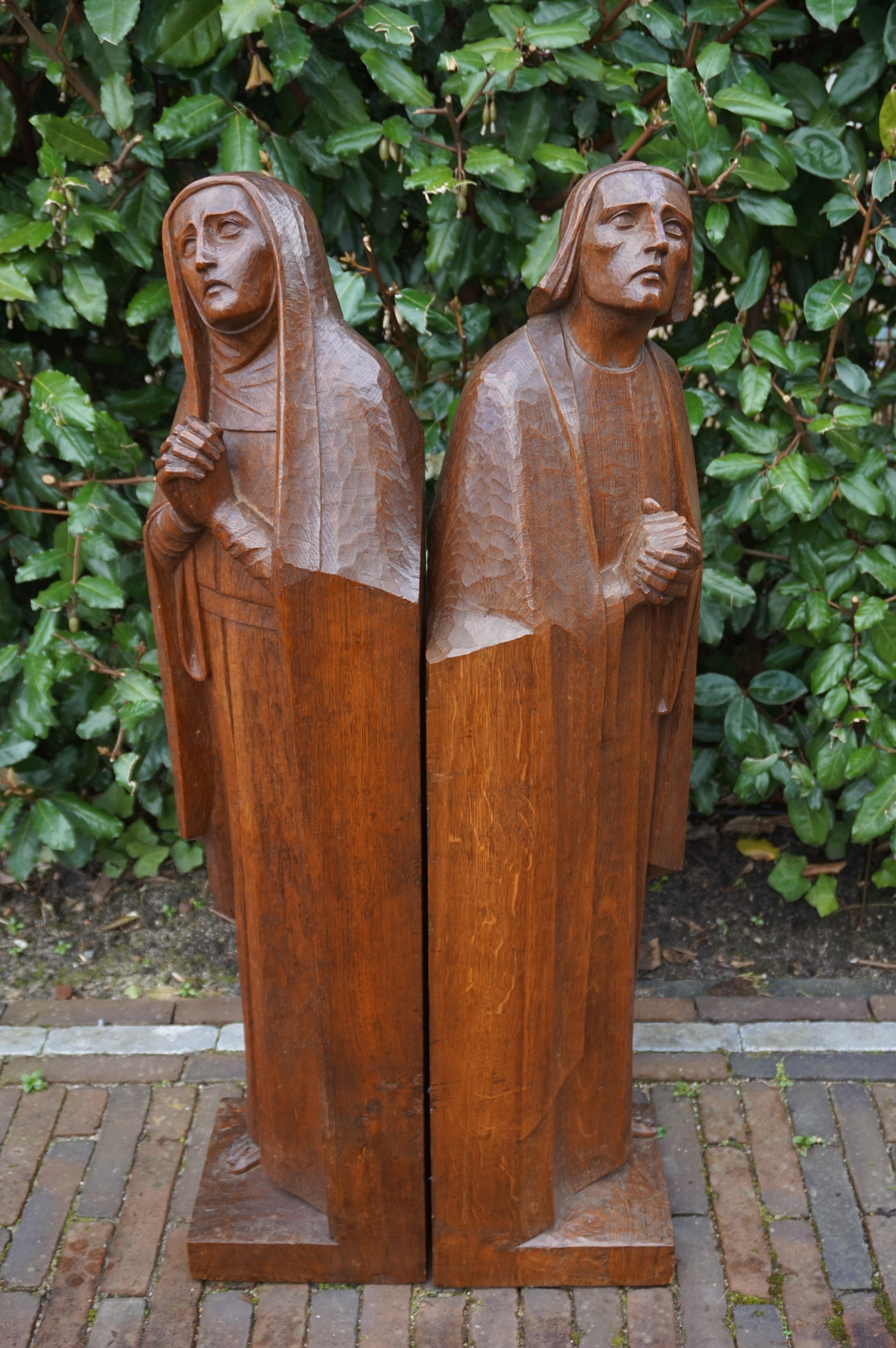 Large Arts & Crafts Hand Carved Mourning Mary and Saint John Church Sculptures 1