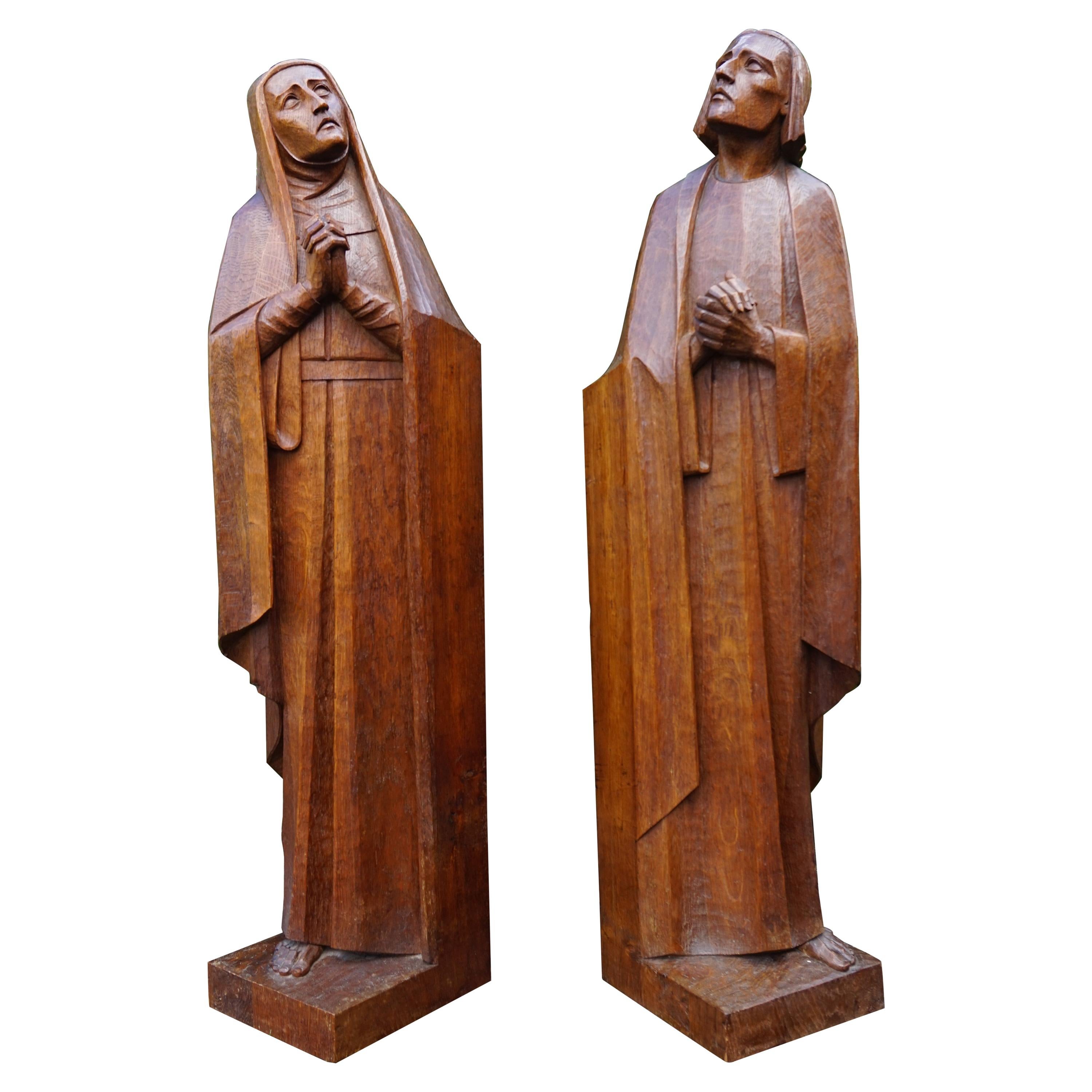 Large Arts & Crafts Hand Carved Mourning Mary and Saint John Church Sculptures