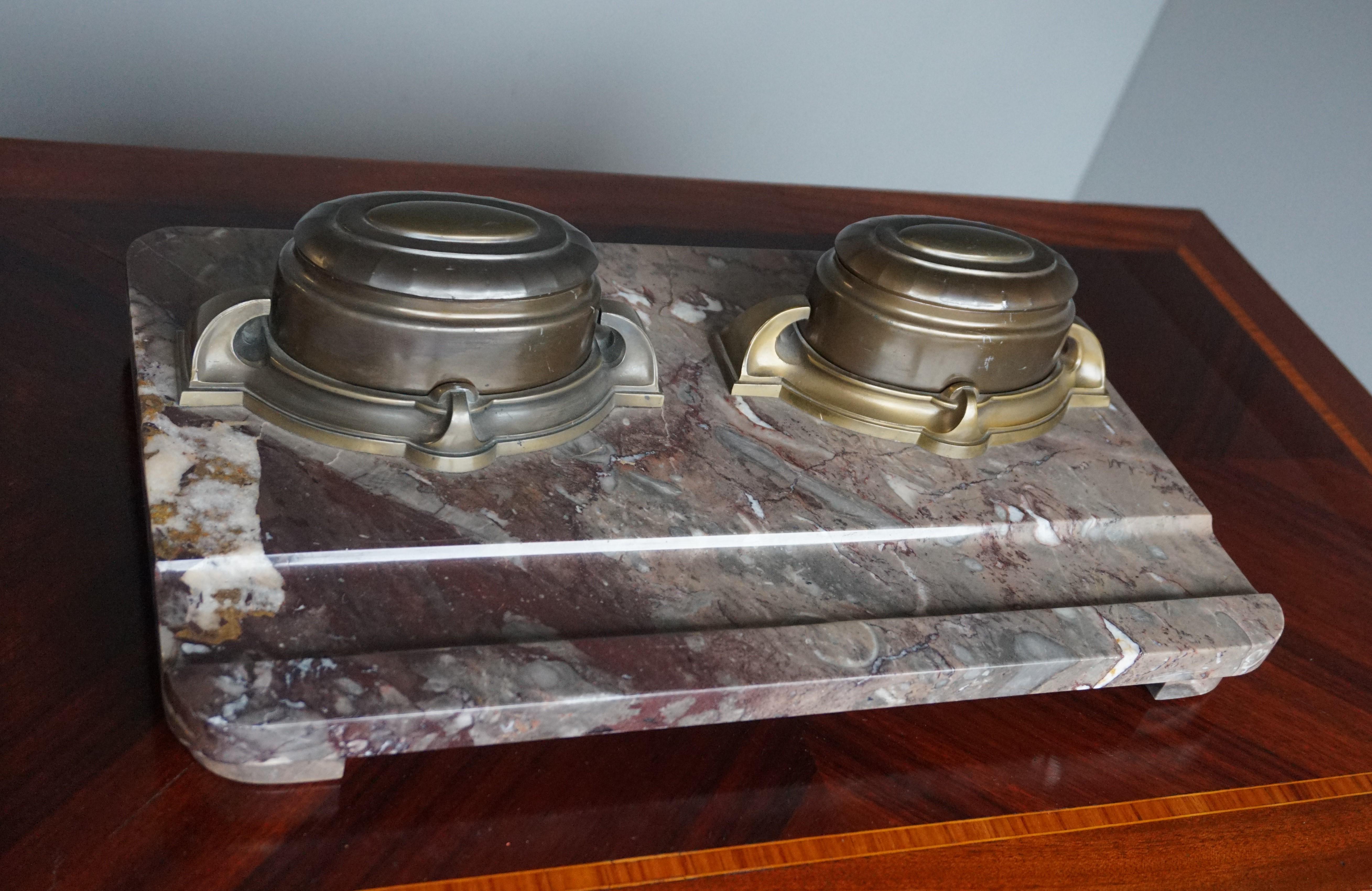 Large Arts & acCrafts Marble & Brass Desk Inkstand with Four Porcelain Inkwells For Sale 7