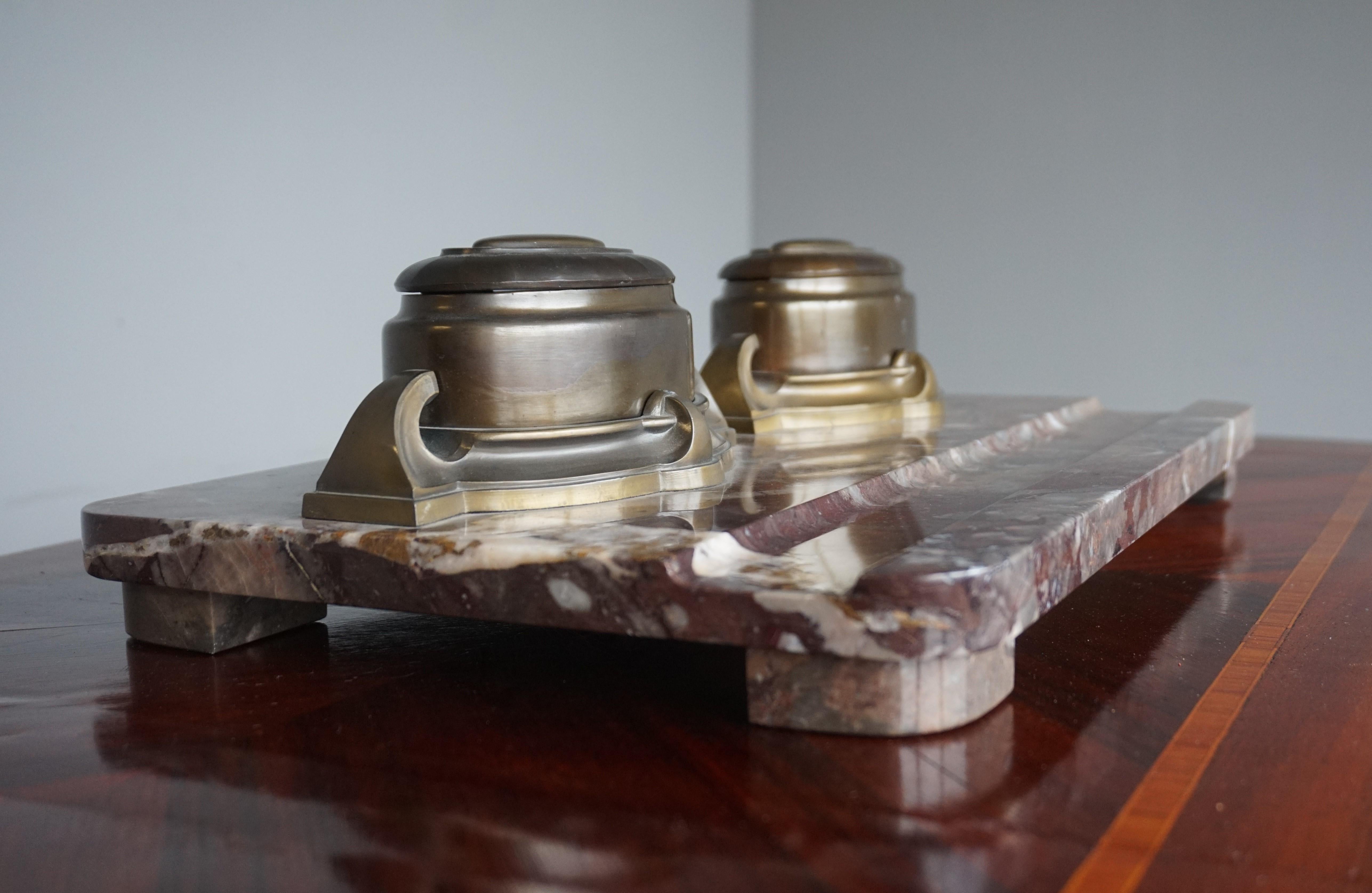 Large Arts & acCrafts Marble & Brass Desk Inkstand with Four Porcelain Inkwells For Sale 10