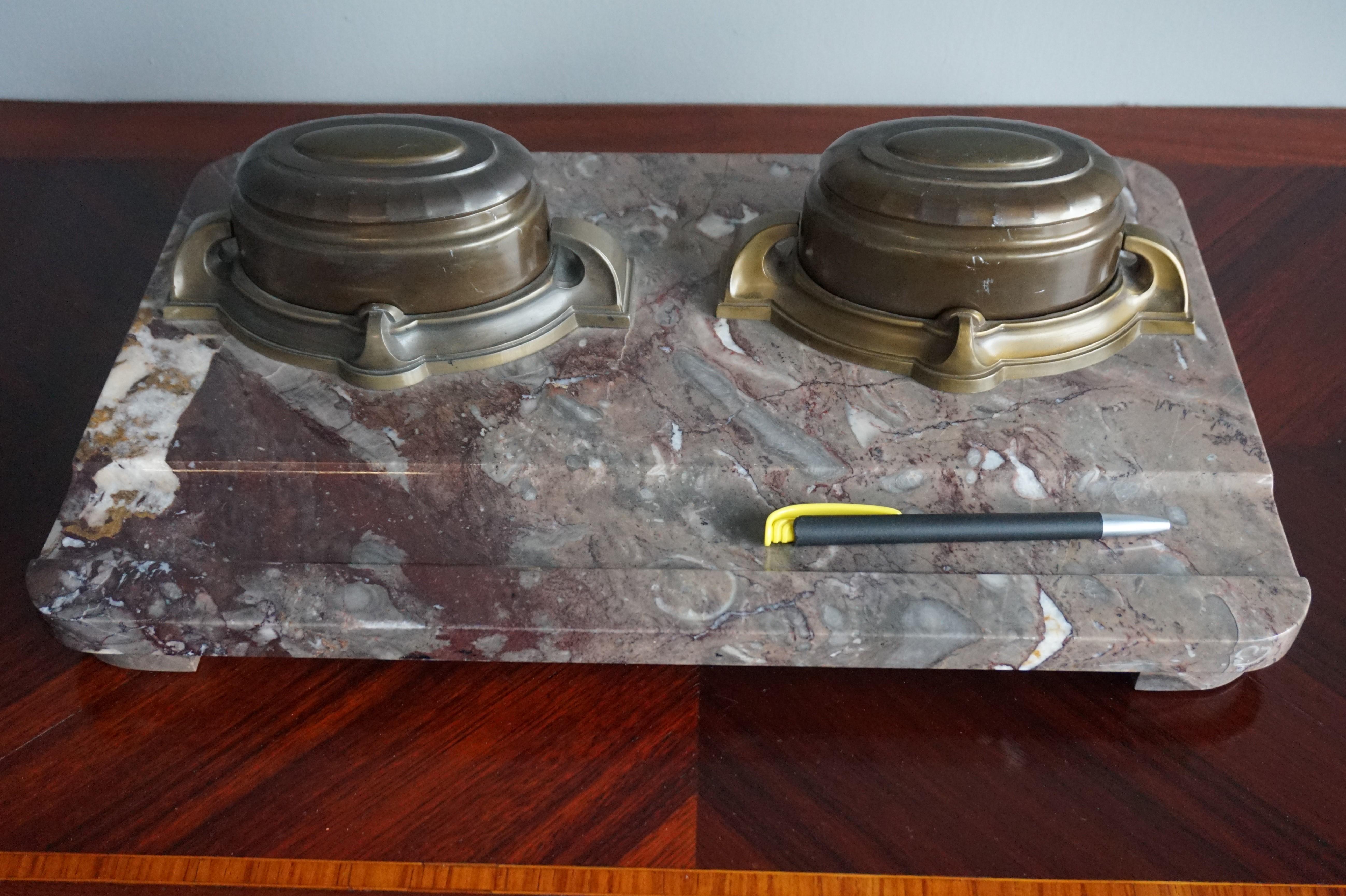Large Arts & acCrafts Marble & Brass Desk Inkstand with Four Porcelain Inkwells For Sale 11