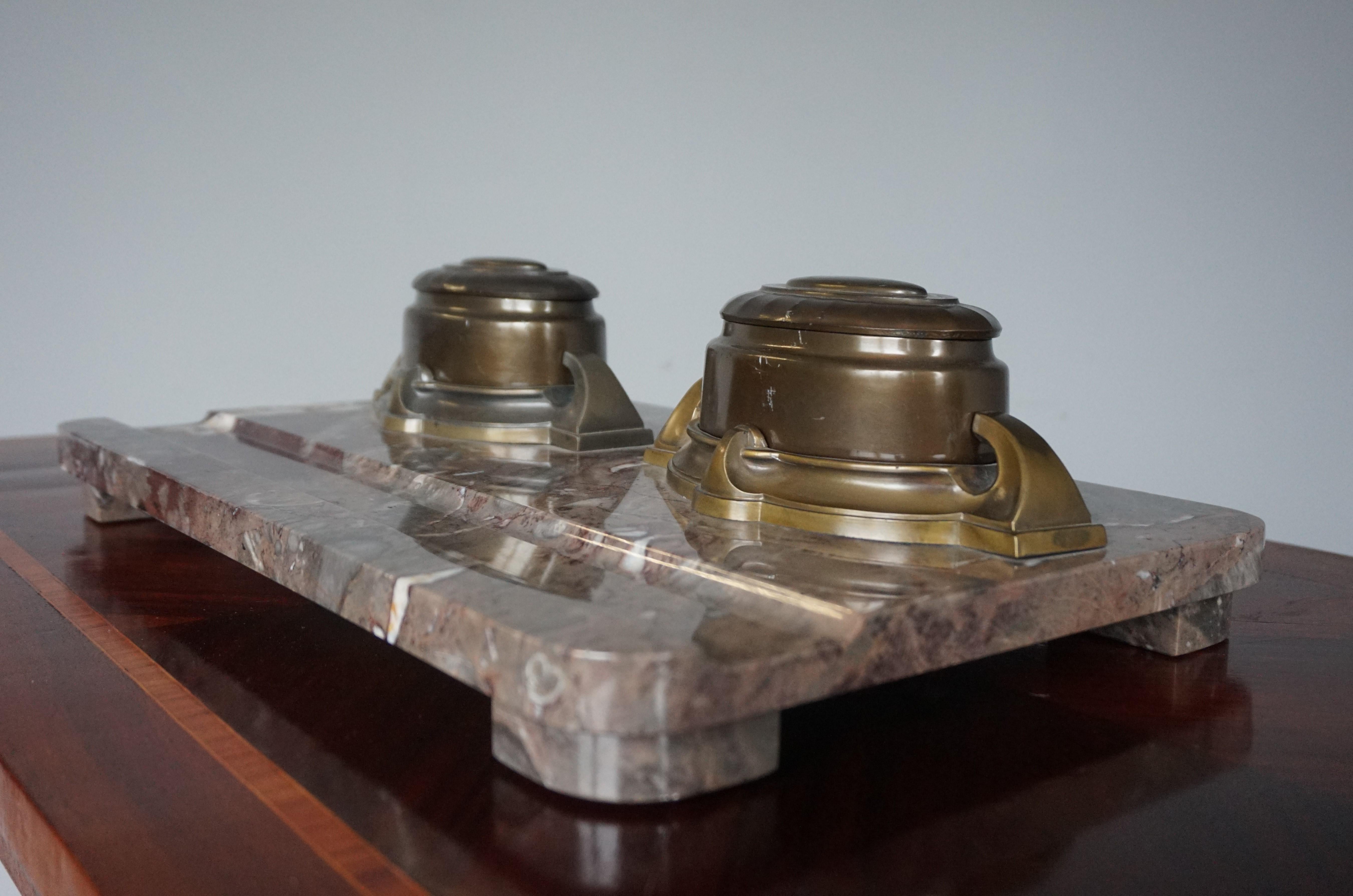 Polished Large Arts & acCrafts Marble & Brass Desk Inkstand with Four Porcelain Inkwells For Sale