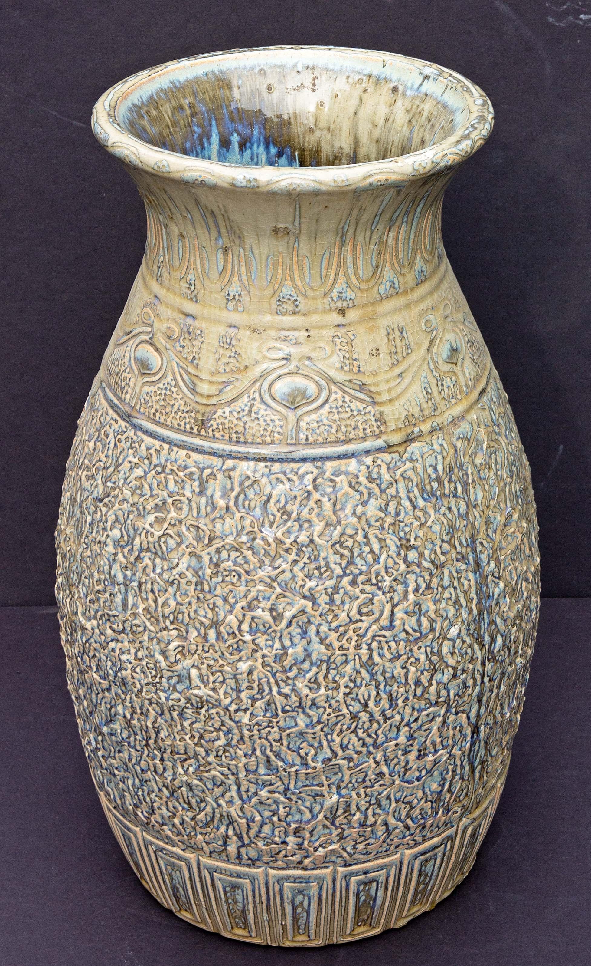 Art Nouveau Large Arts and Crafts Pottery Floor Vase Heavy Drip Glaze Early 20th Century For Sale