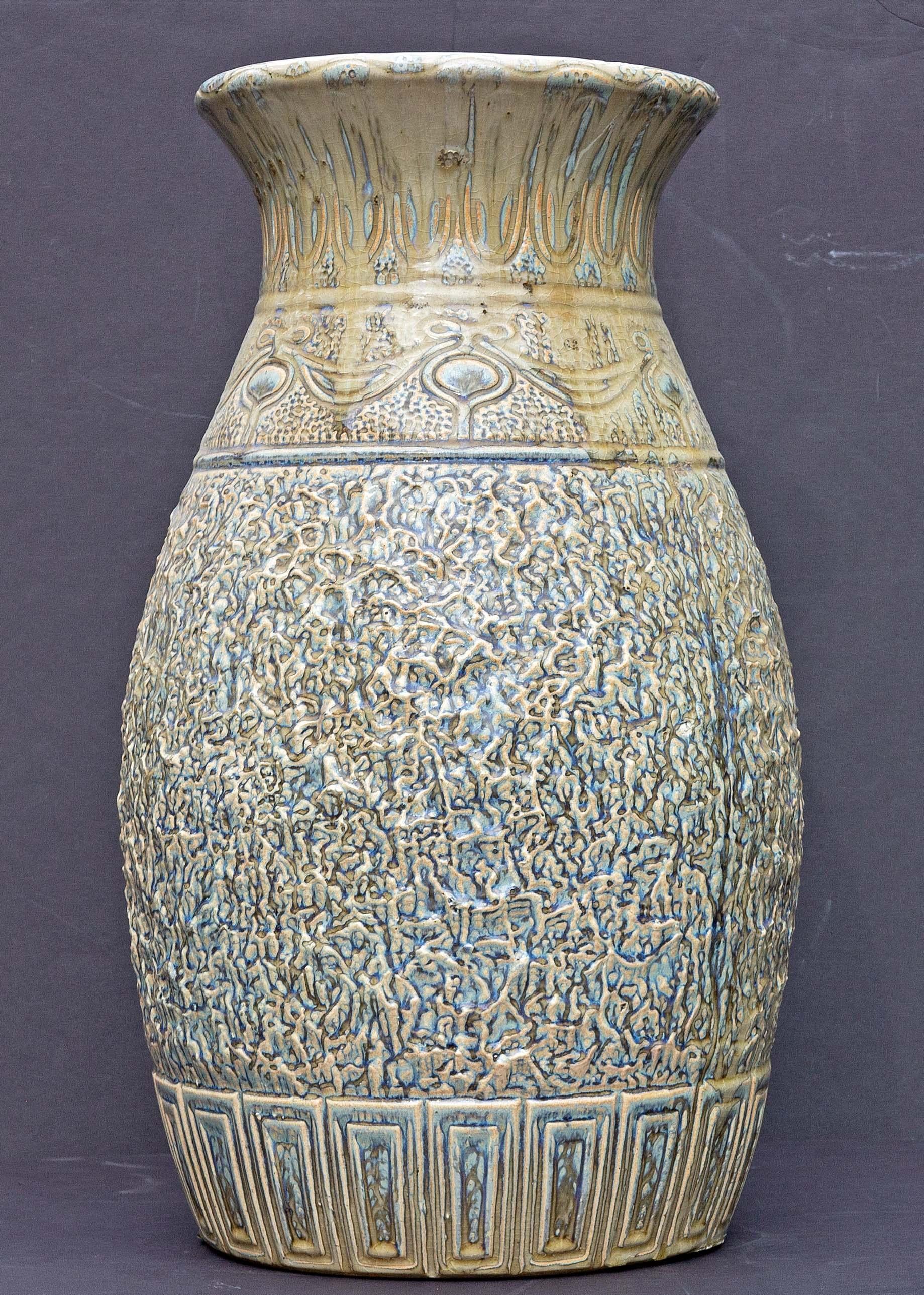 European Large Arts and Crafts Pottery Floor Vase Heavy Drip Glaze Early 20th Century For Sale