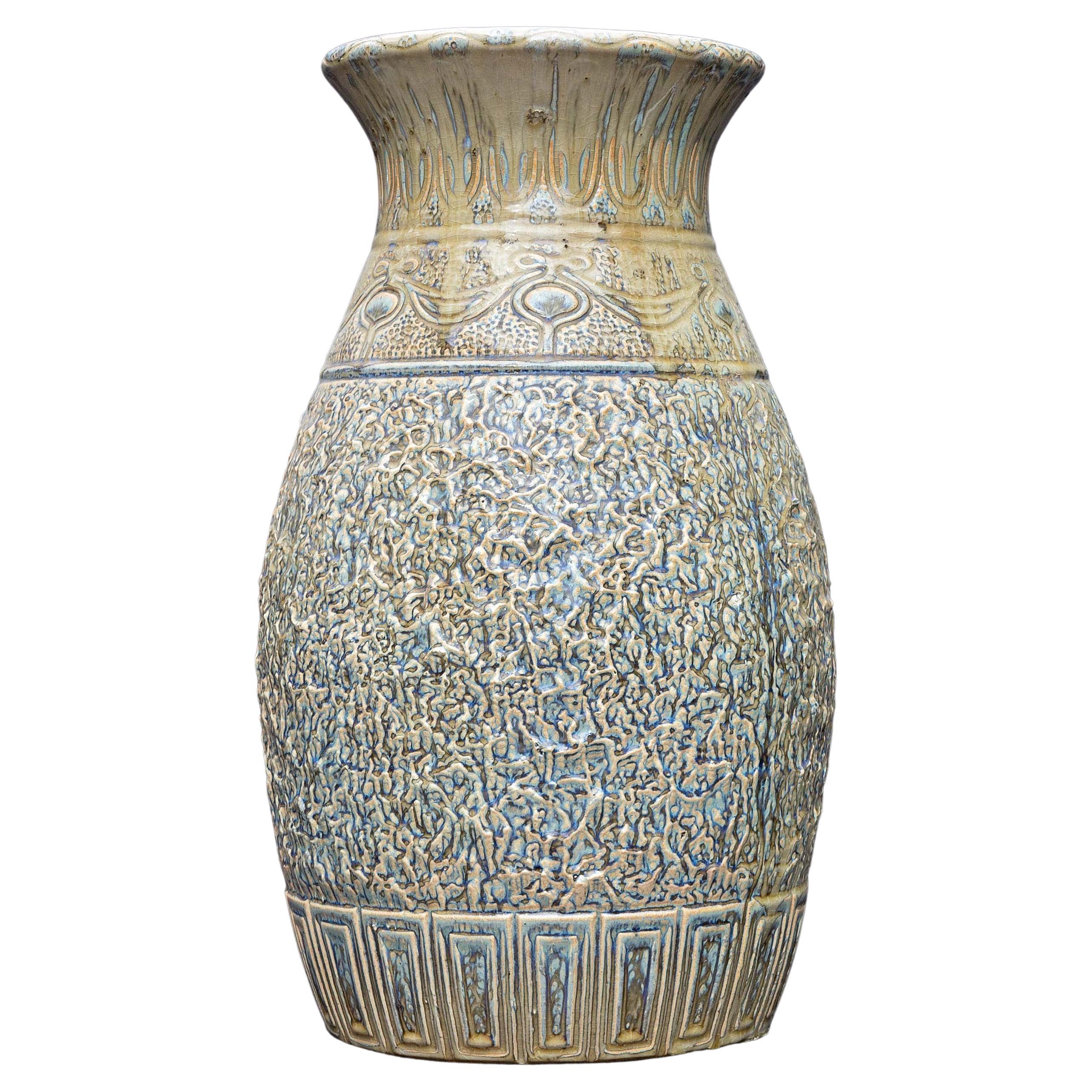 Grand vase de sol en poterie Arts and Crafts à glaçure épaisse du début du 20ème siècle