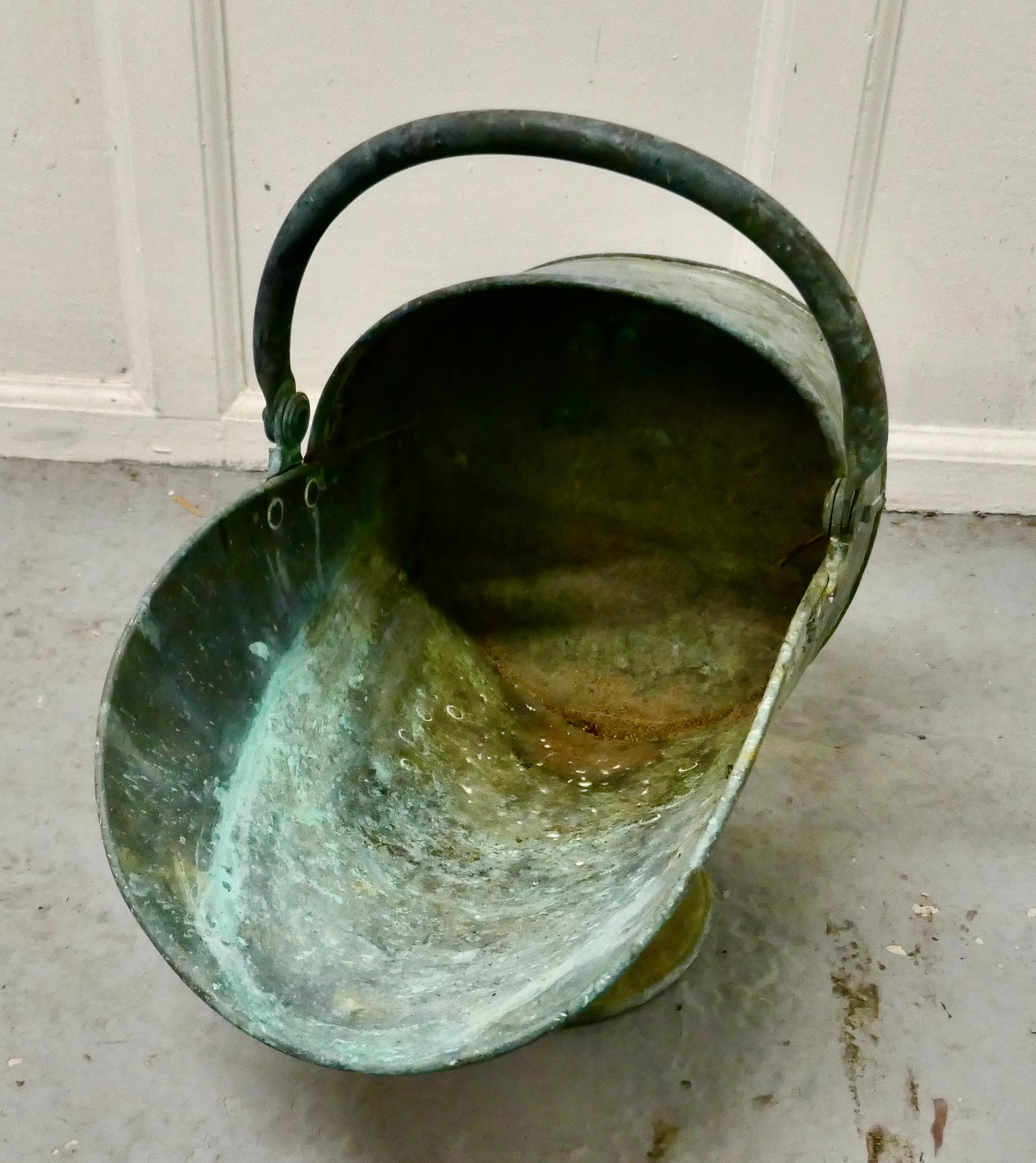 Arts and Crafts Large Arts & Crafts Shabby 'Verdigris' Copper Helmet Coal Scuttle  For Sale