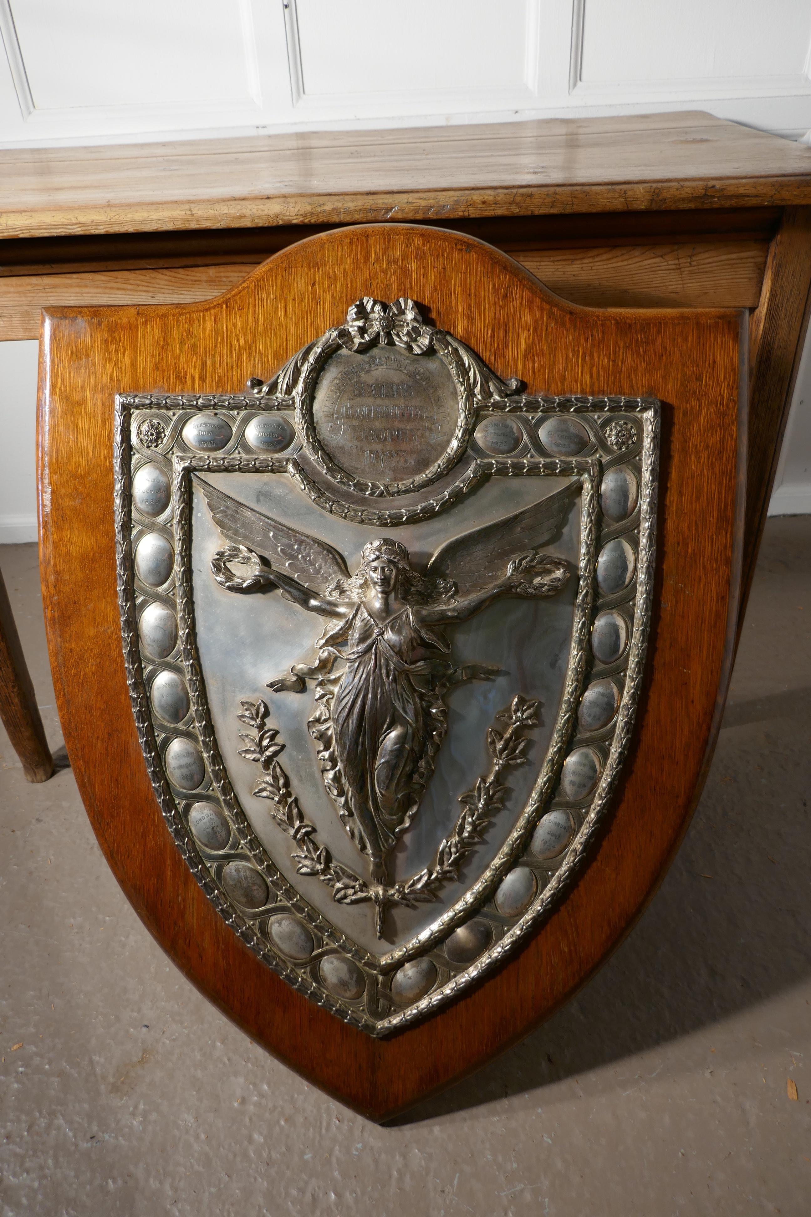 Silver Plate Large Arts and Crafts Shield Trophy with Nike the Goddess of Victory     For Sale
