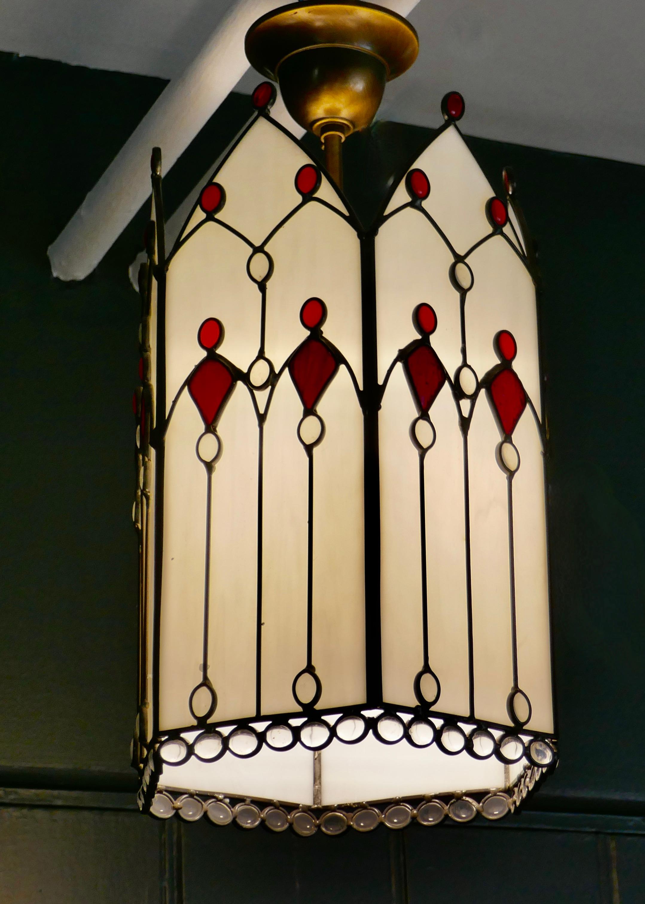 Large Arts and Crafts Stained Glass Hall Lantern Ceiling Light In Good Condition In Chillerton, Isle of Wight
