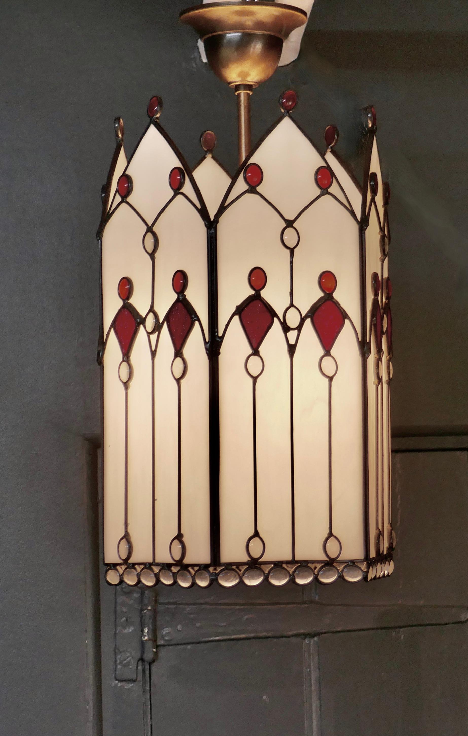 20th Century Large Arts and Crafts Stained Glass Hall Lantern Ceiling Light