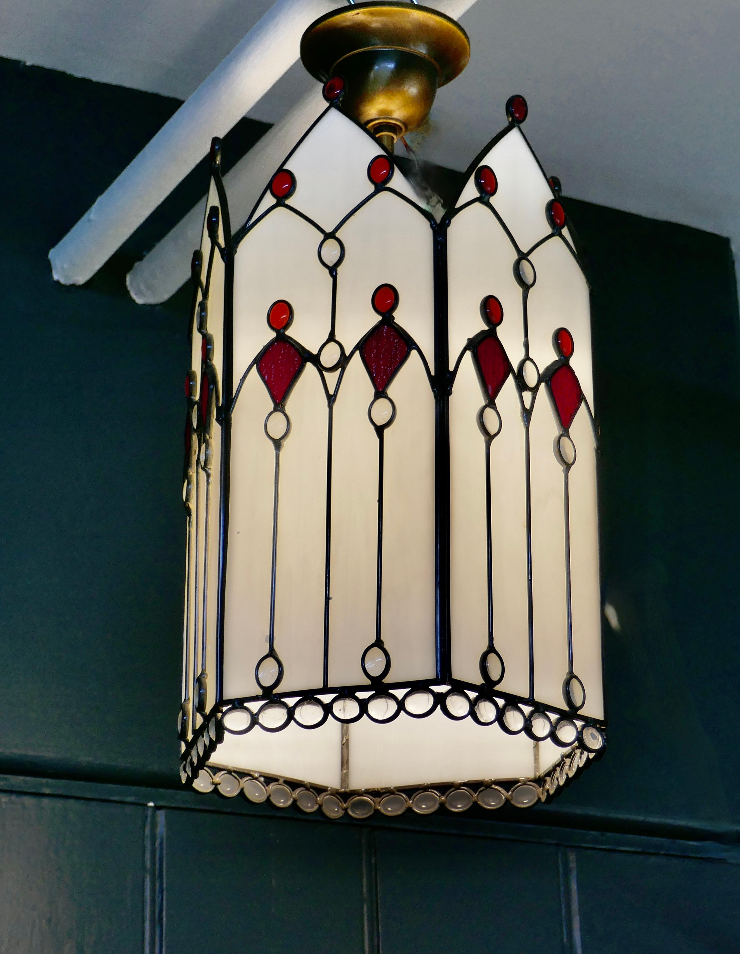 Large Arts and Crafts Stained Glass Hall Lantern Ceiling Light 1
