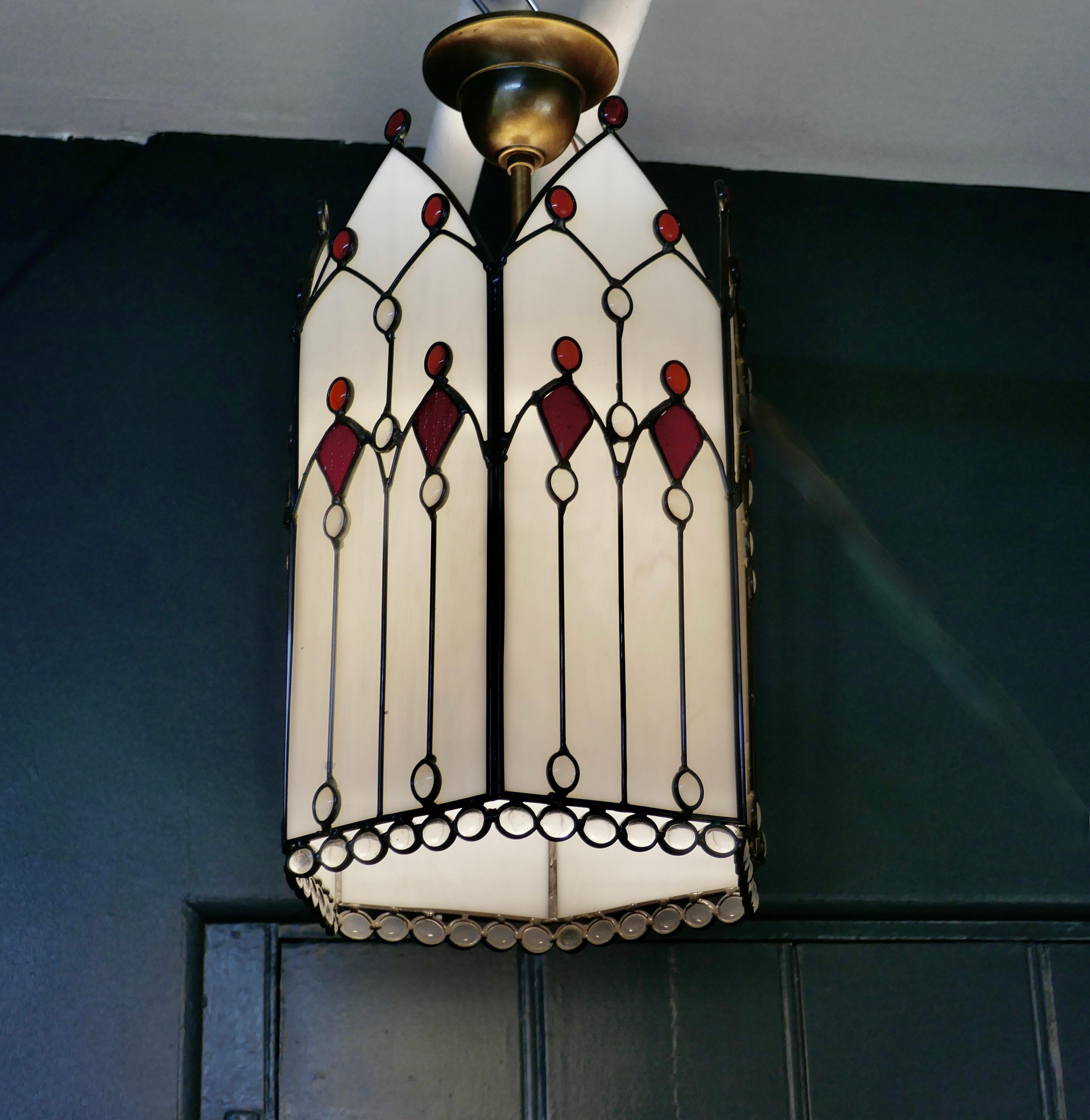 Large Arts and Crafts Stained Glass Hall Lantern Ceiling Light 2