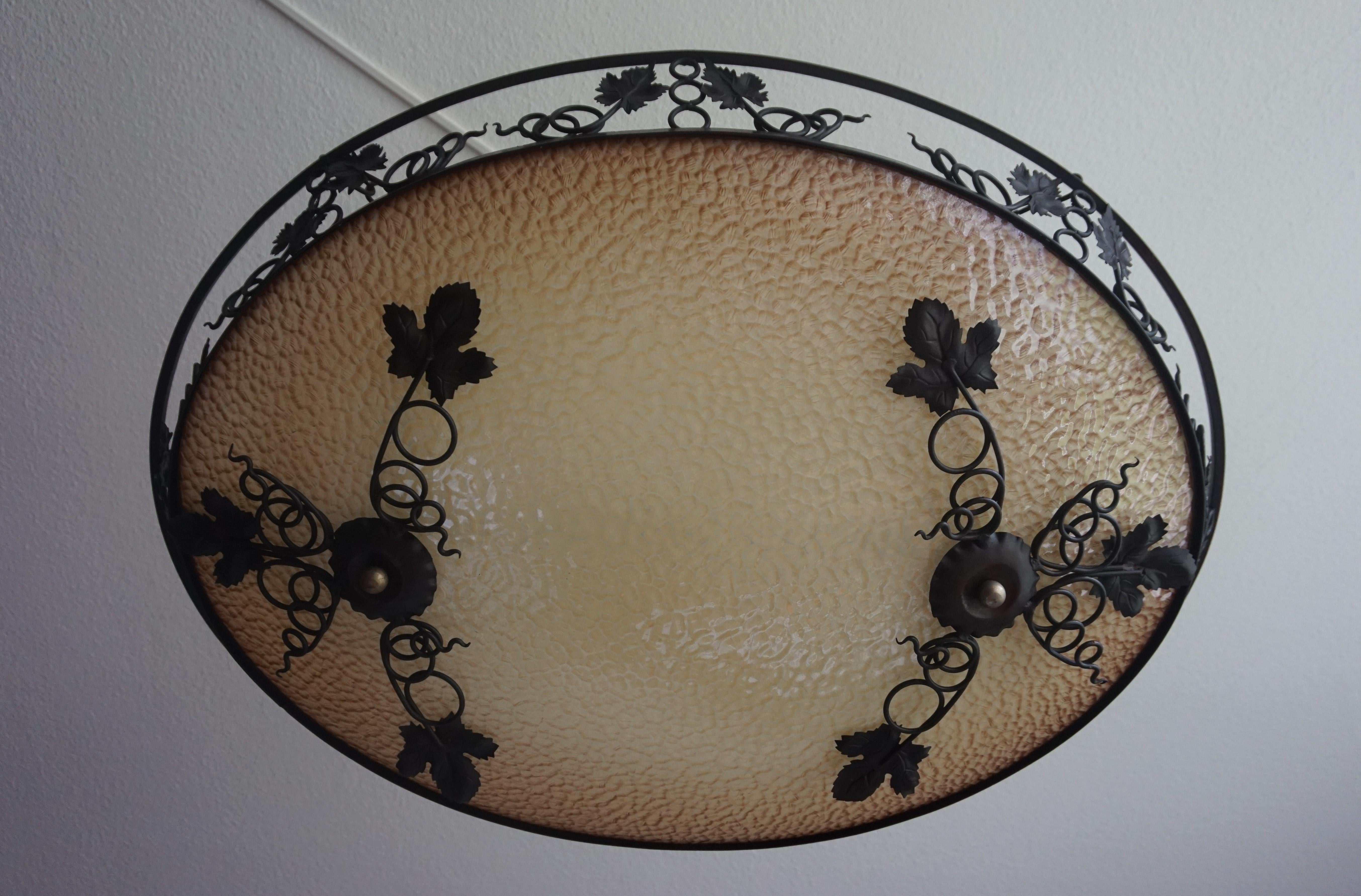 Large Arts & Crafts Wrought Iron Wine Leafs & Oval Art Glass Shade Chandelier 4