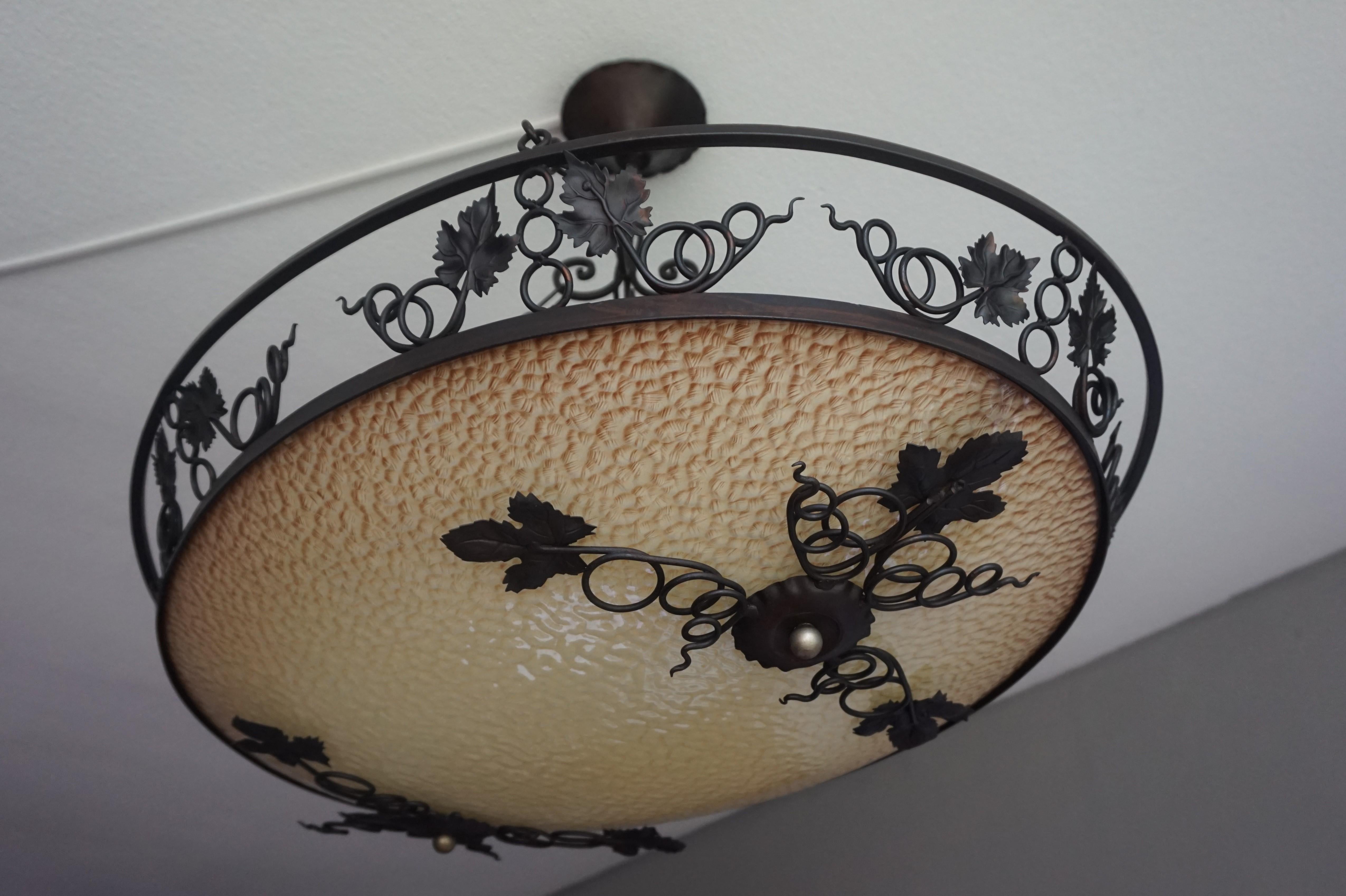 Arts and Crafts Large Arts & Crafts Wrought Iron Wine Leafs & Oval Art Glass Shade Chandelier