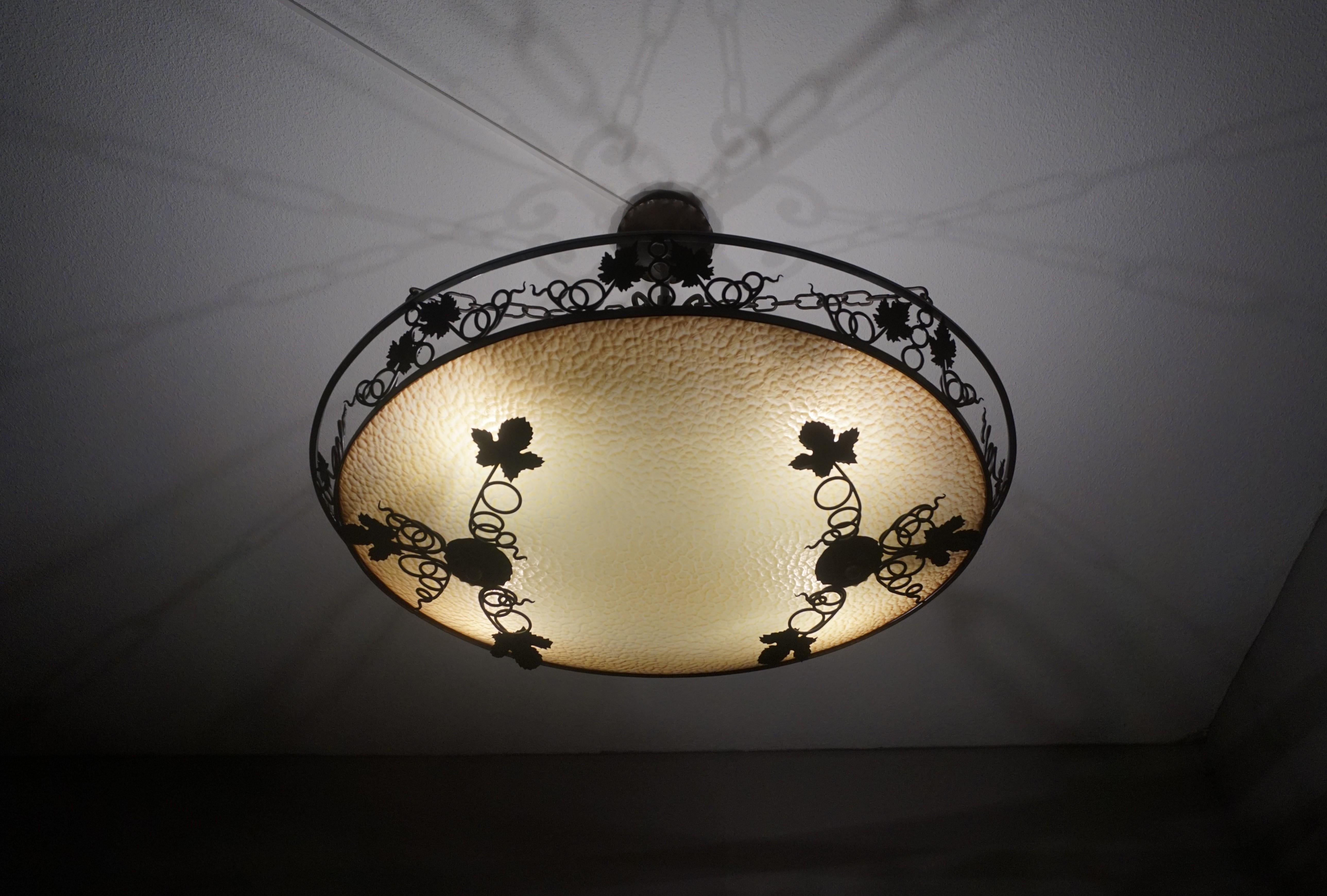 European Large Arts & Crafts Wrought Iron Wine Leafs & Oval Art Glass Shade Chandelier