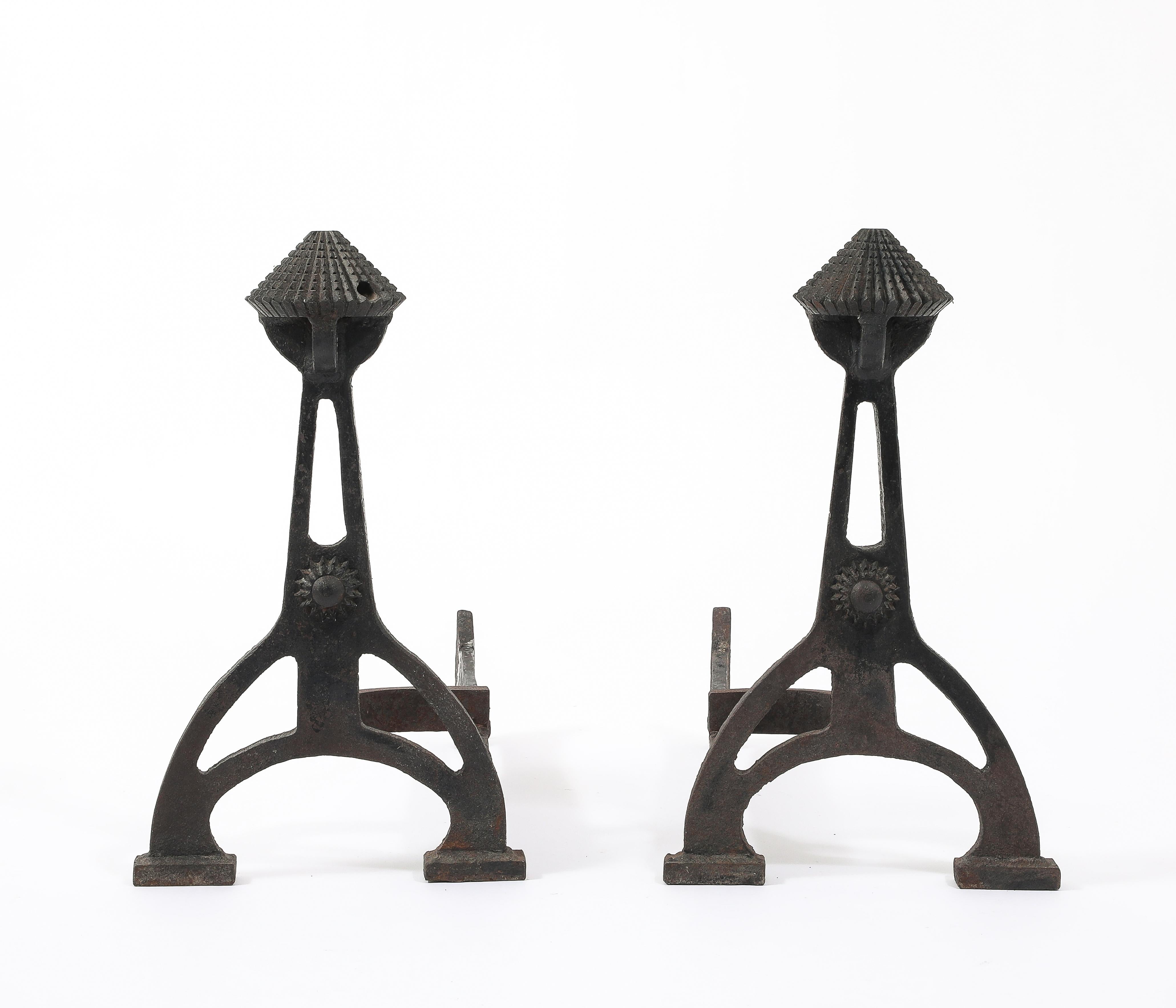 Cast Iron andirons made from torch cut steel plate and industrial gears

