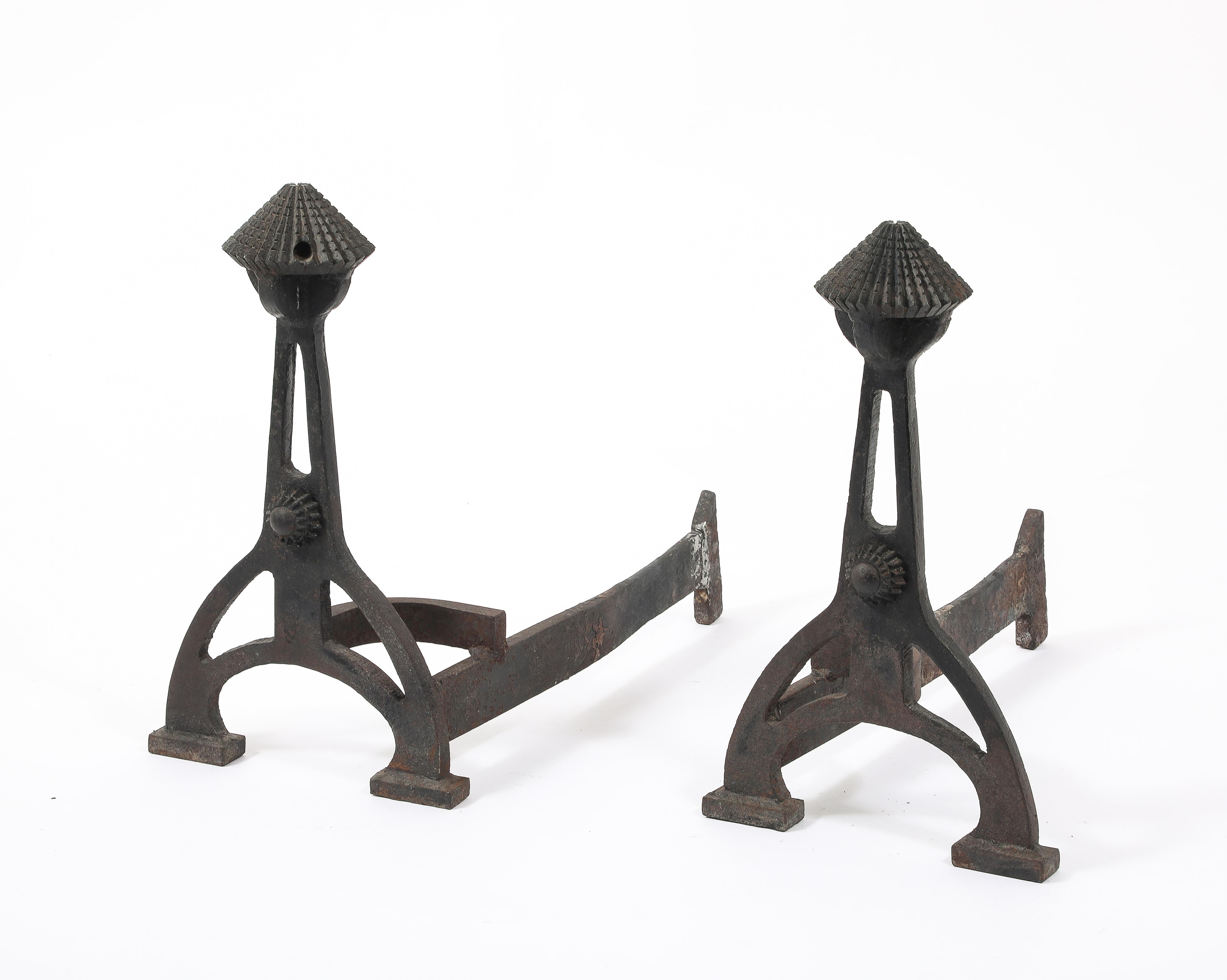 Cut Steel Large Arts & Craft Andirons, USA 1920's For Sale