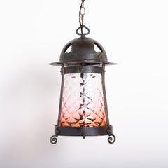 Large Arts & Crafts Aged Copper Hall Lantern with Cranberry Glass Shade