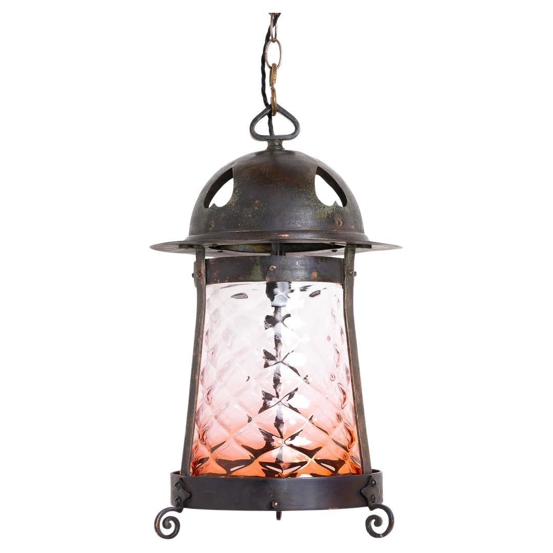 Large Arts & Crafts Aged Copper Hall Lantern with Cranberry Glass Shade