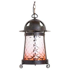 Antique Large Arts & Crafts Aged Copper Hall Lantern with Cranberry Glass Shade