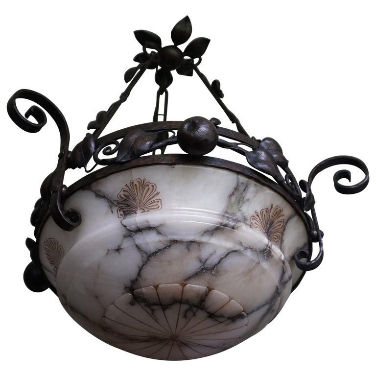 Large Arts and Crafts Alabaster & Wrought Iron Chandelier with Apple Sculptures For Sale