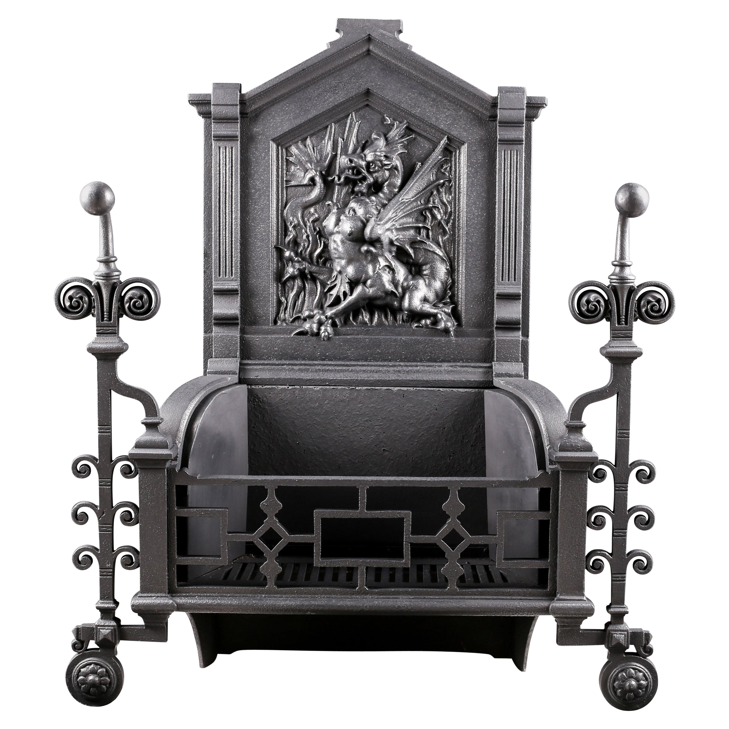 Large Arts & Crafts Antique Fire Grate Featuring a Dragon Late 19th Century For Sale