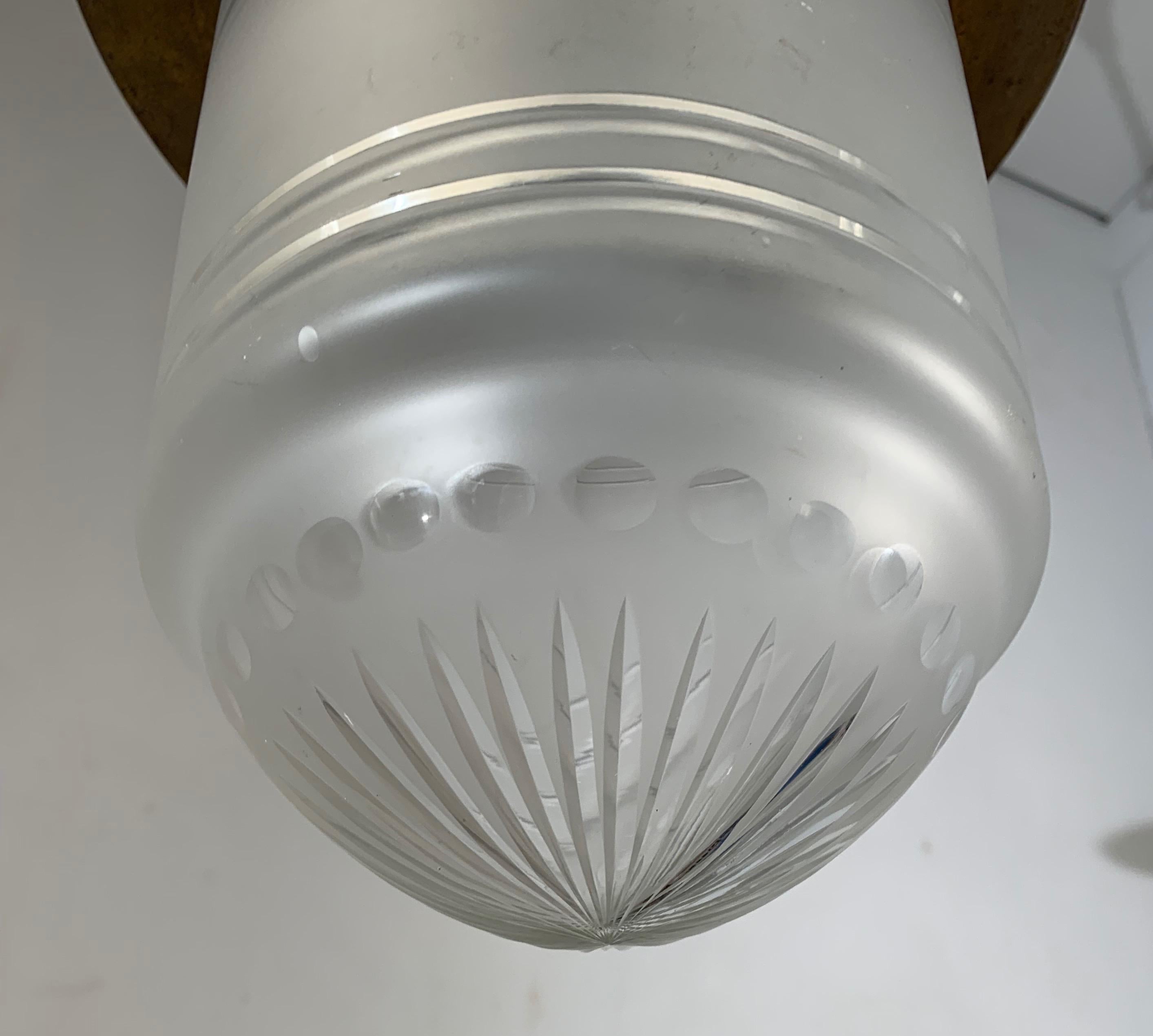 Large Arts & Crafts Brass and Hand Engraved Glass Lantern Pendant Light 3