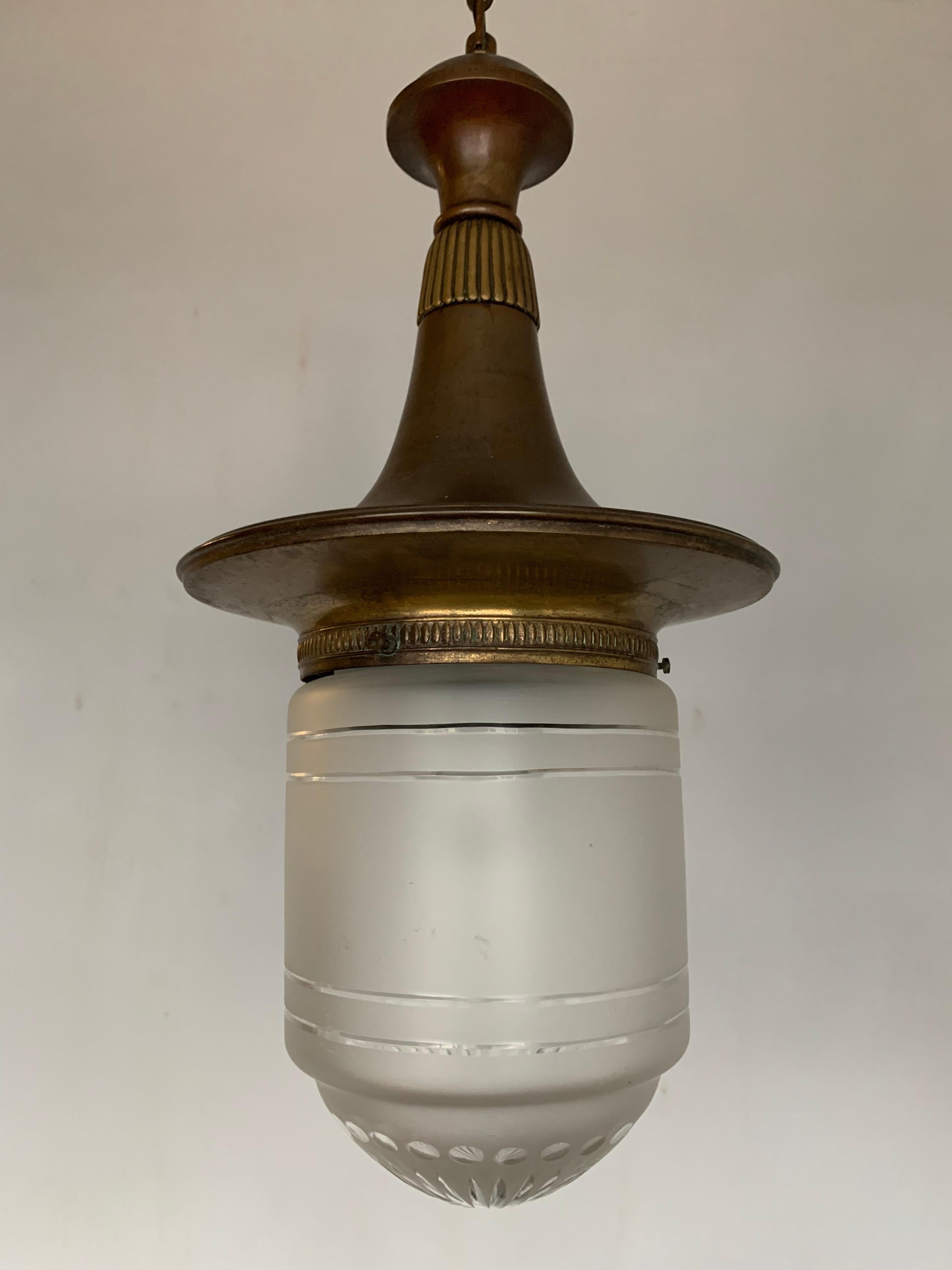 Large Arts & Crafts Brass and Hand Engraved Glass Lantern Pendant Light 5