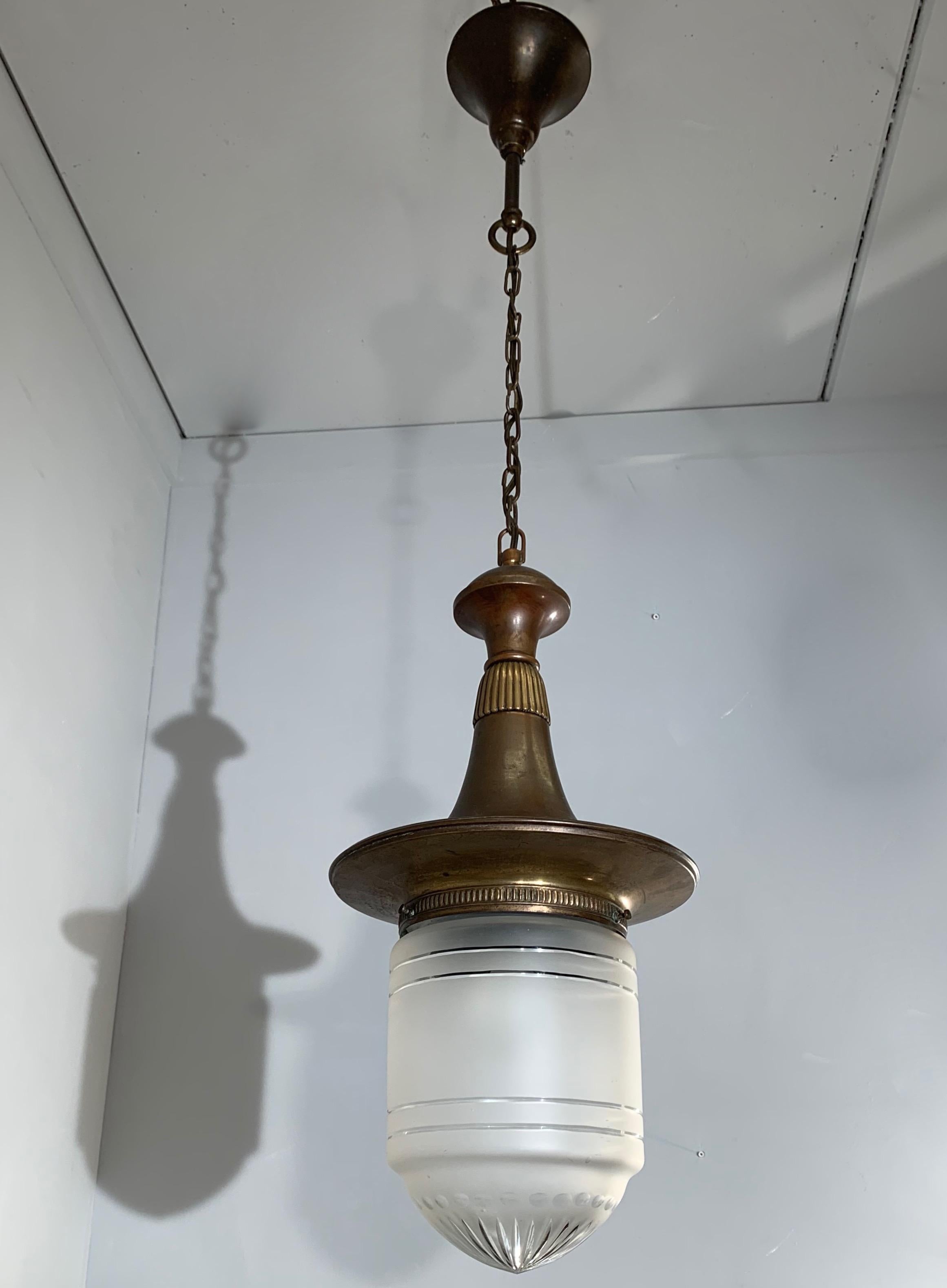 Large Arts & Crafts Brass and Hand Engraved Glass Lantern Pendant Light 10