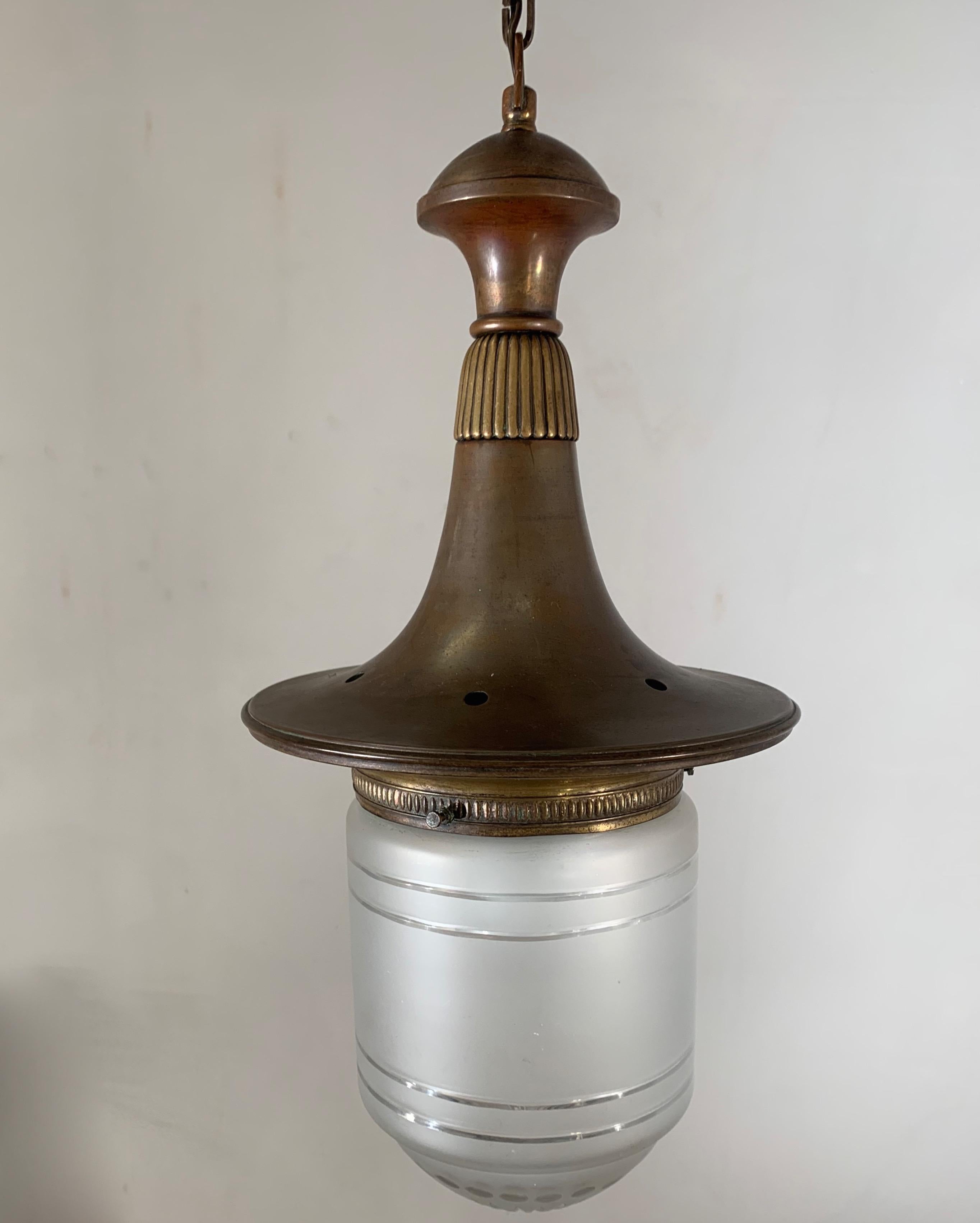Large Arts & Crafts Brass and Hand Engraved Glass Lantern Pendant Light 12