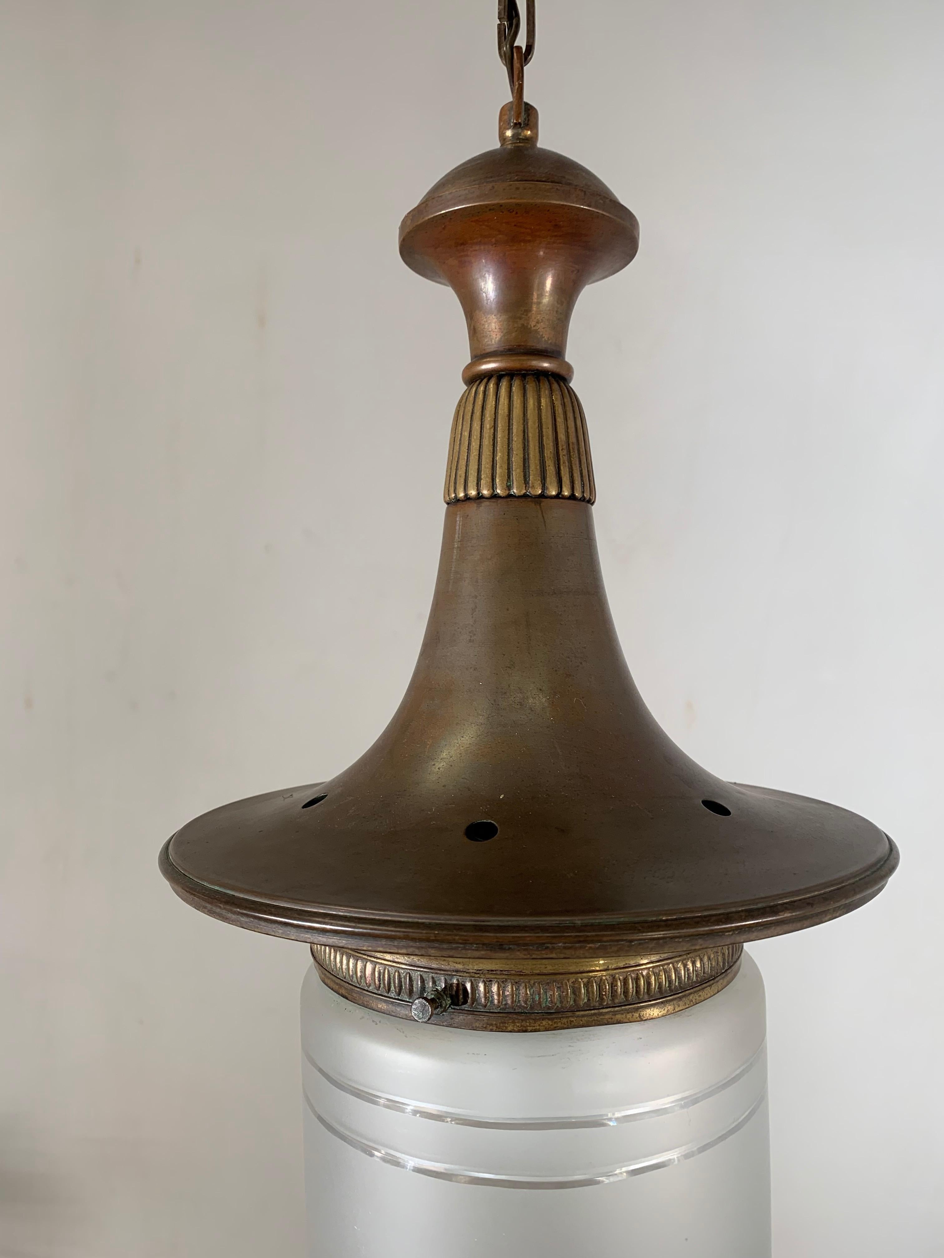 Large Arts & Crafts Brass and Hand Engraved Glass Lantern Pendant Light 13