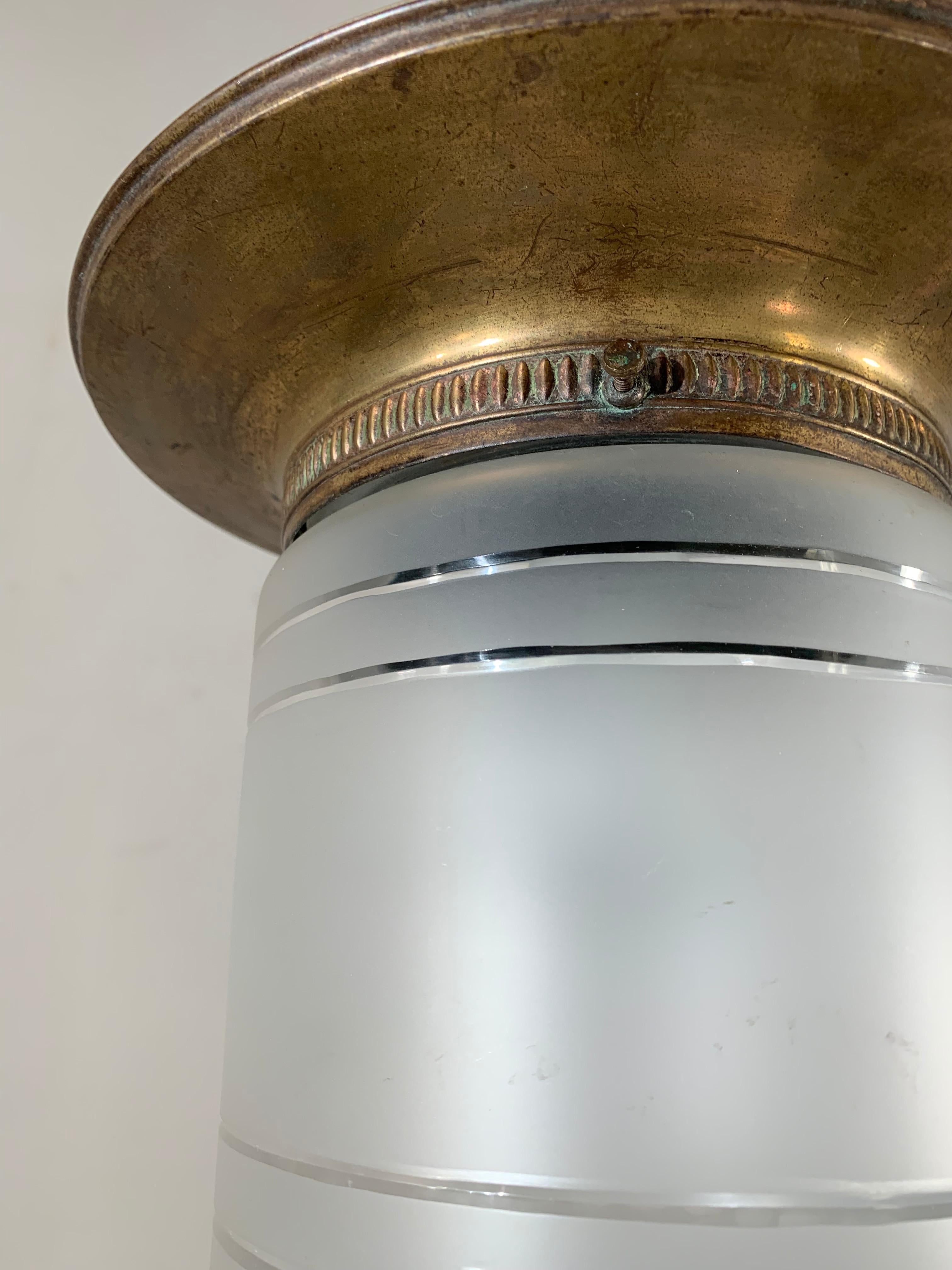 European Large Arts & Crafts Brass and Hand Engraved Glass Lantern Pendant Light