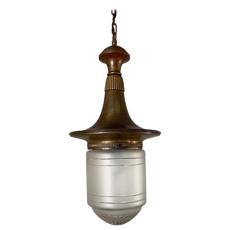 Large Arts Crafts Brass And Hand Engraved Glass Lantern Pendant Light