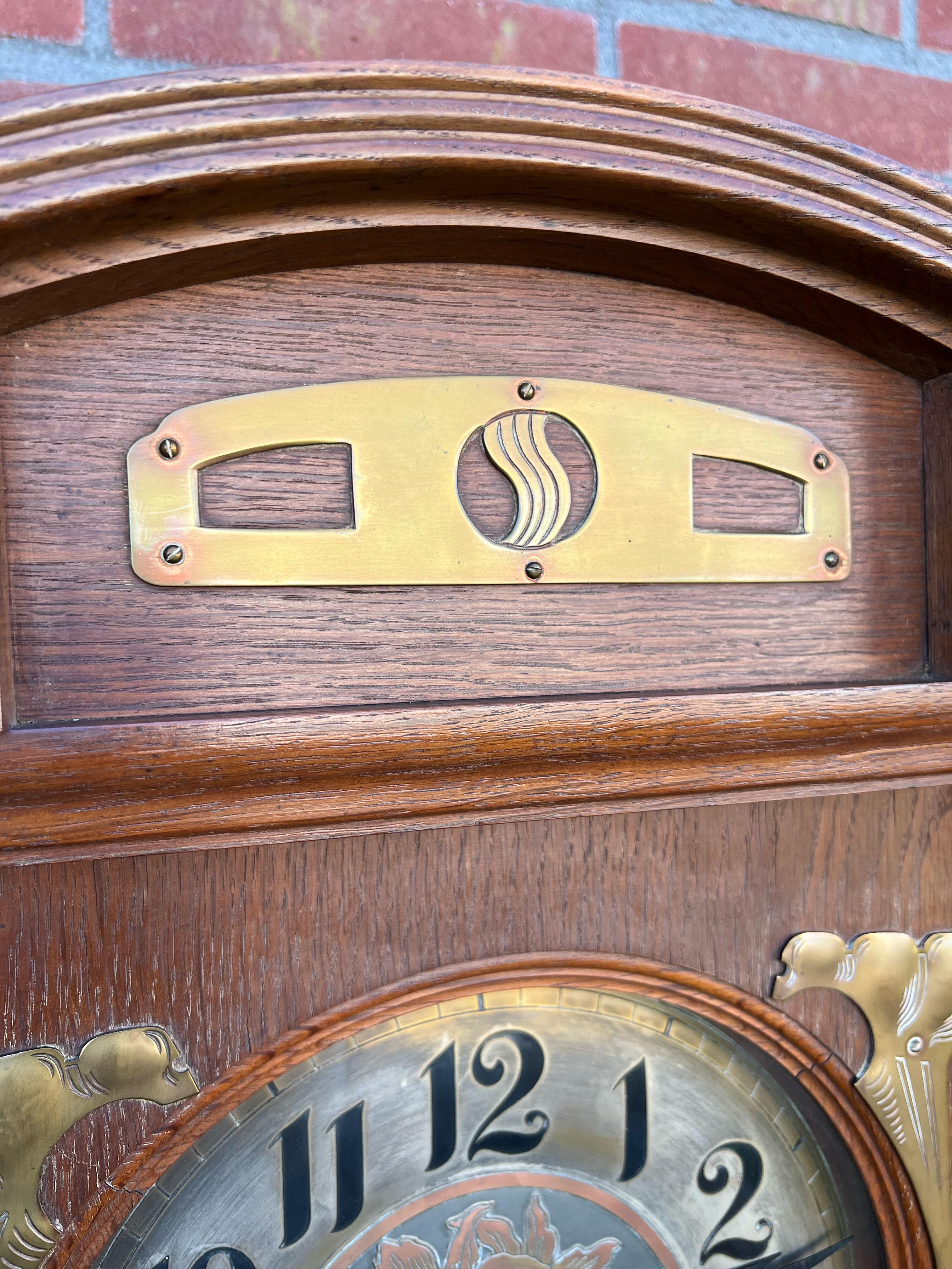Jugendstil Large Arts & Crafts Brass & Oak Gustave Serrurier-Bovy Style Wall Clock, ca 1900 For Sale