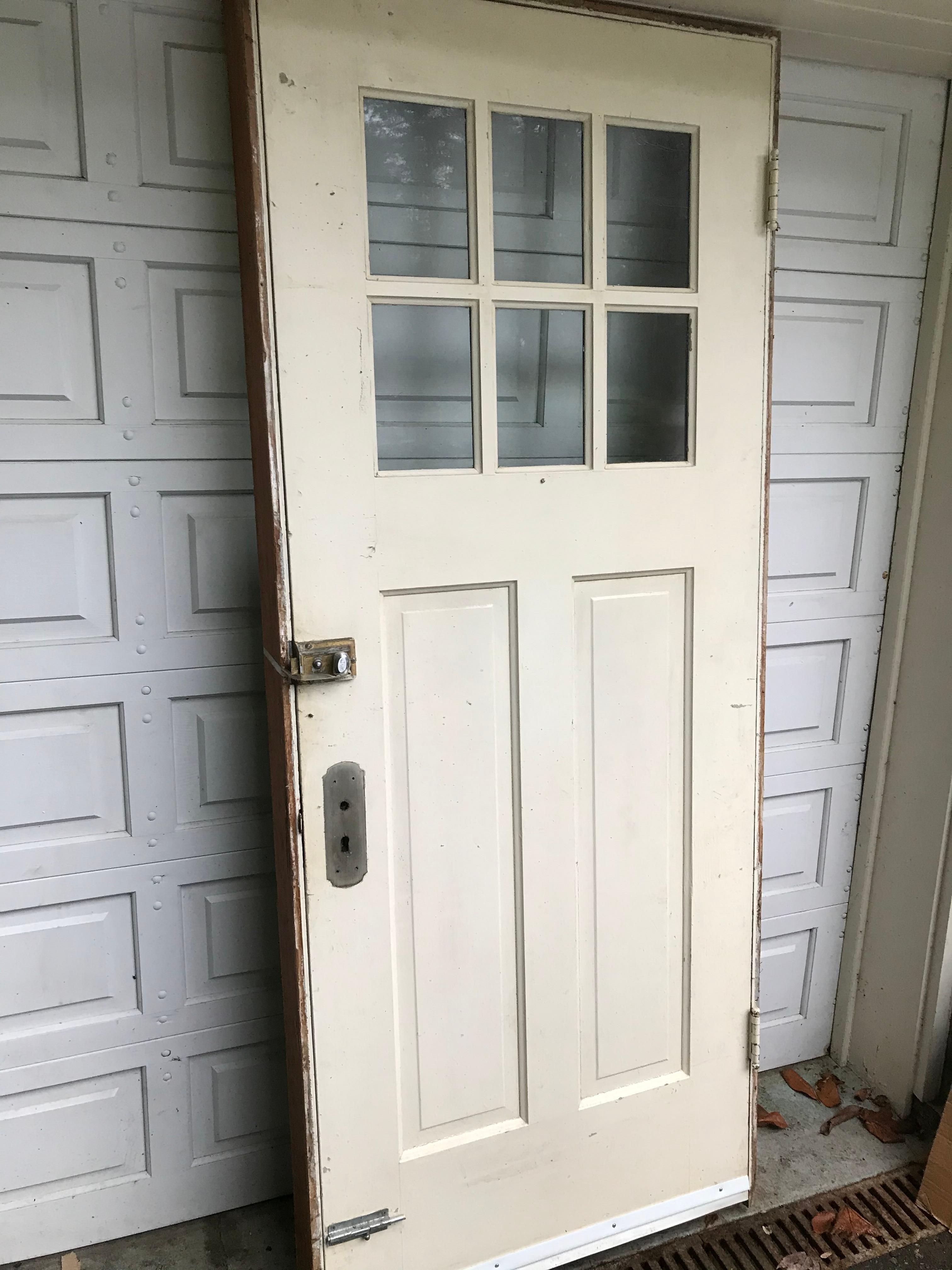 Early 20th Century Large Arts & Crafts Craftsman Solid Wood Framed Door with Window & Hardware For Sale