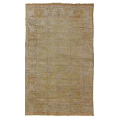 Large Arts & Crafts Design Vintage Rug with Light Acid Green, Blush, & Brown