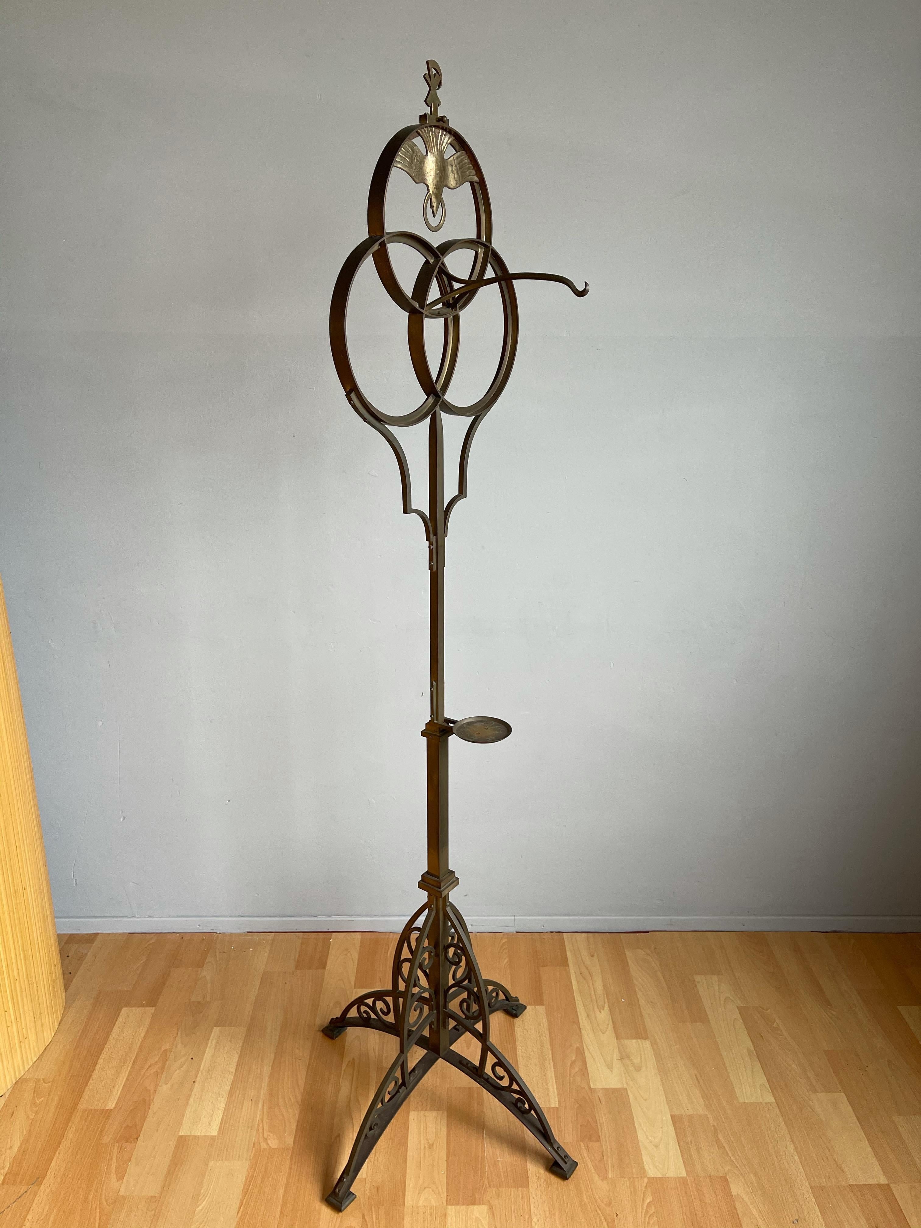 Large Arts & Crafts Era, Bronze Church Incense Burner Floor Stand w. Christogram For Sale 8