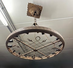 Huge Arts & Crafts Forged Wrought Iron 20-Light Chandelier with Rare Lion Canopy