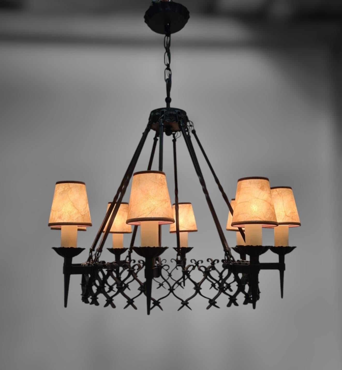 Large Arts & Crafts Forged Wrought Iron Chandelier with 8 Lights, Finland 1930s For Sale 4