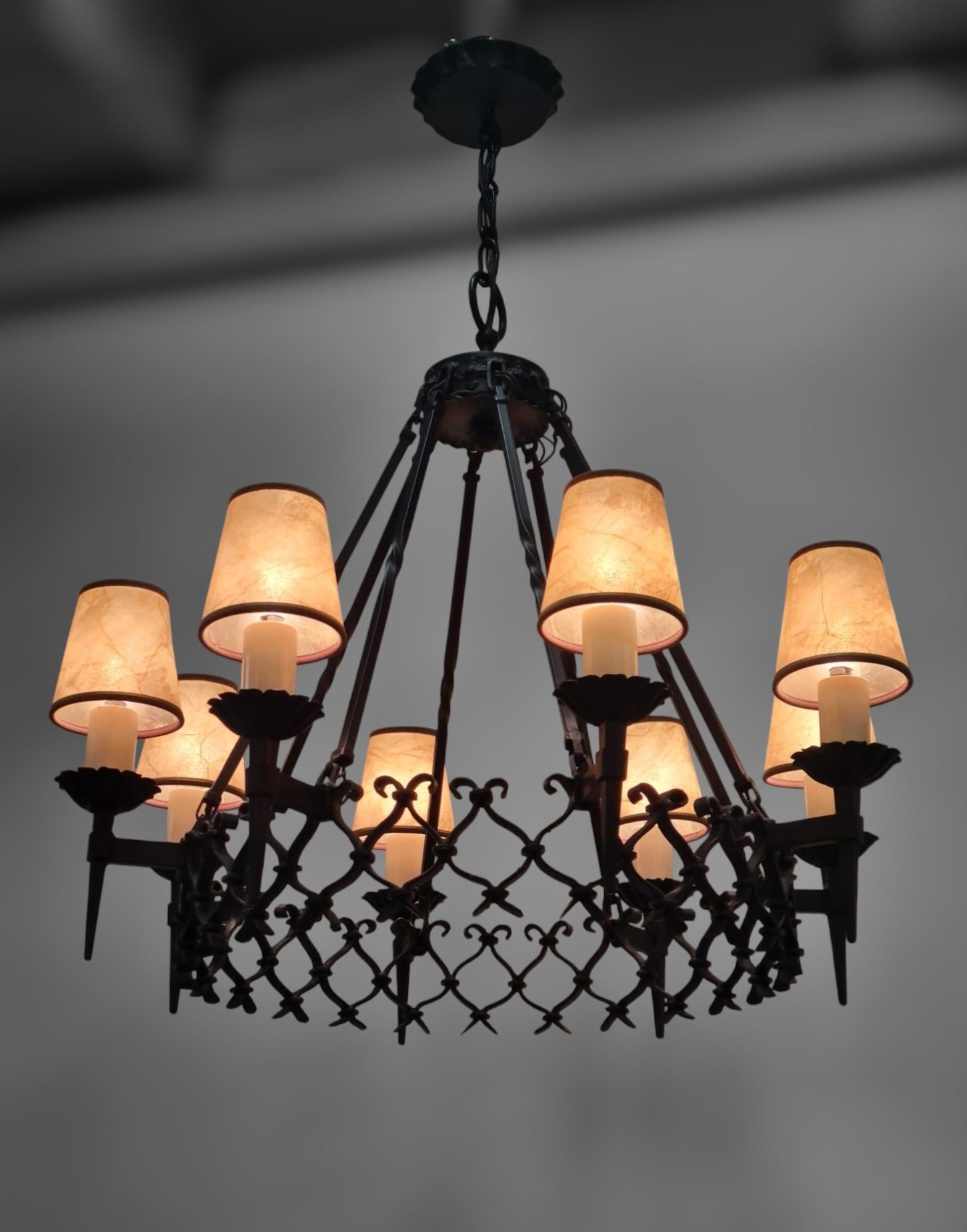 Large Arts & Crafts Forged Wrought Iron Chandelier with 8 Lights, Finland 1930s For Sale 5