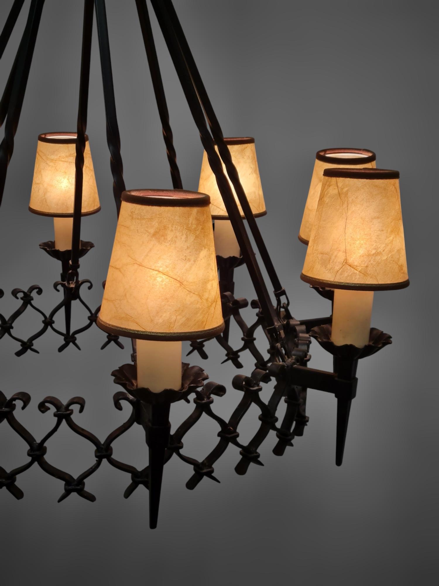 Large Arts & Crafts Forged Wrought Iron Chandelier with 8 Lights, Finland 1930s For Sale 6