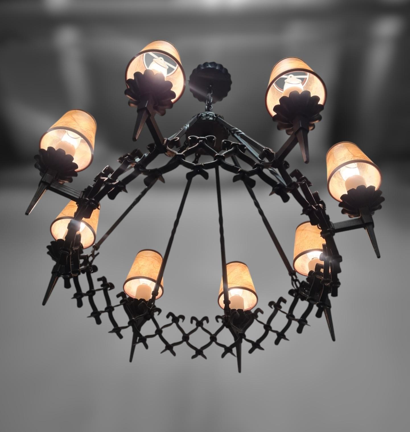Large Arts & Crafts Forged Wrought Iron Chandelier with 8 Lights, Finland 1930s For Sale 7