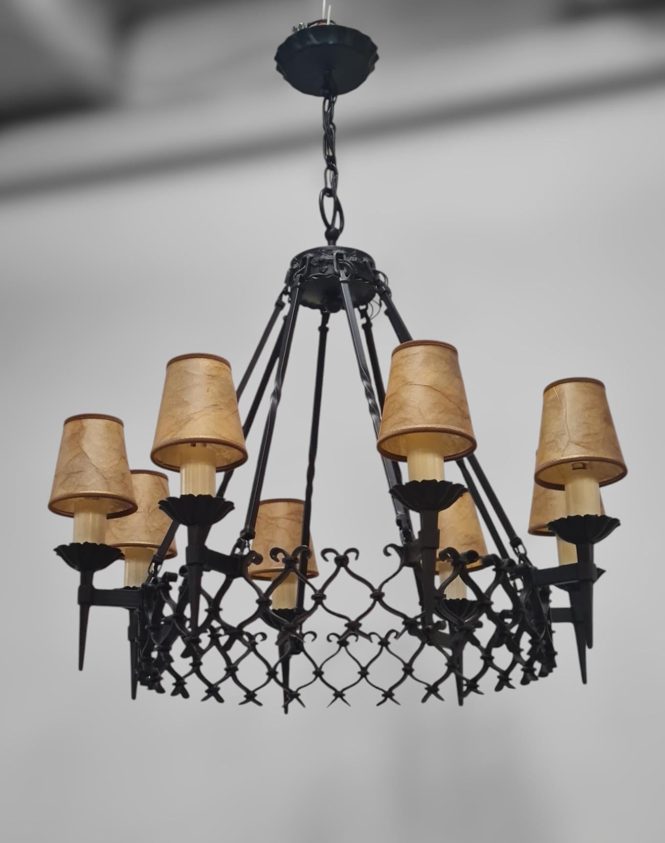 Large Arts & Crafts Forged Wrought Iron Chandelier with 8 Lights, Finland 1930s For Sale 8