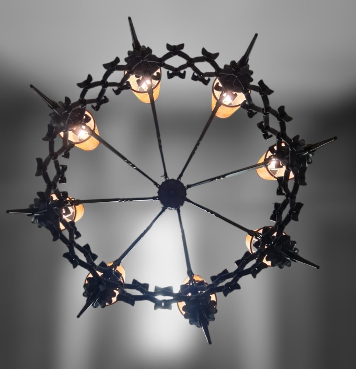 Large Arts & Crafts Forged Wrought Iron Chandelier with 8 Lights, Finland 1930s For Sale 9